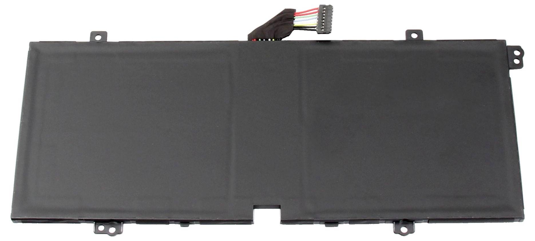 Un bloc-batterie rectangulaire noir pour ordinateur portable, avec un câble de connexion et plusieurs fils se terminant par une prise.