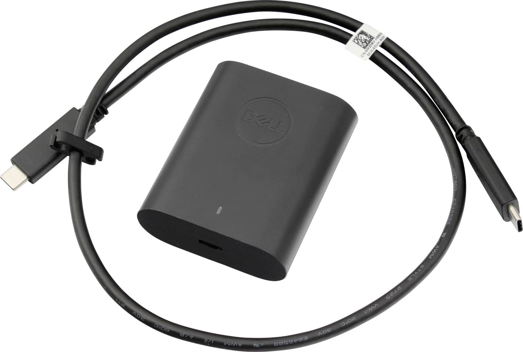 Chargeur Dell noir avec câble et connecteur USB-C, placé sur un fond blanc.