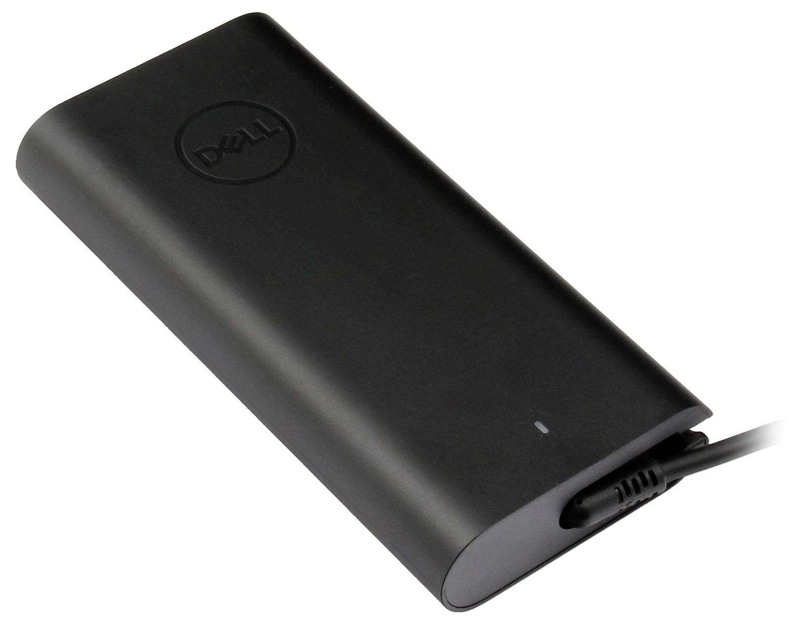 Batterie externe portable noire de Dell avec un câble de charge connecté, adaptée pour recharger des appareils mobiles.