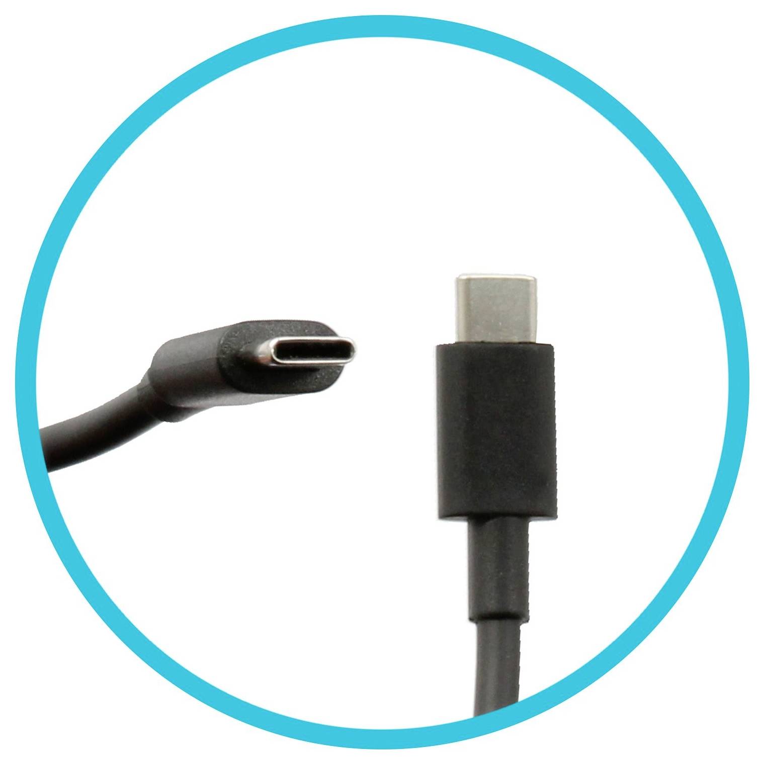 Deux câbles USB-C noirs en coupe transversale, mis en évidence par un cercle bleu.