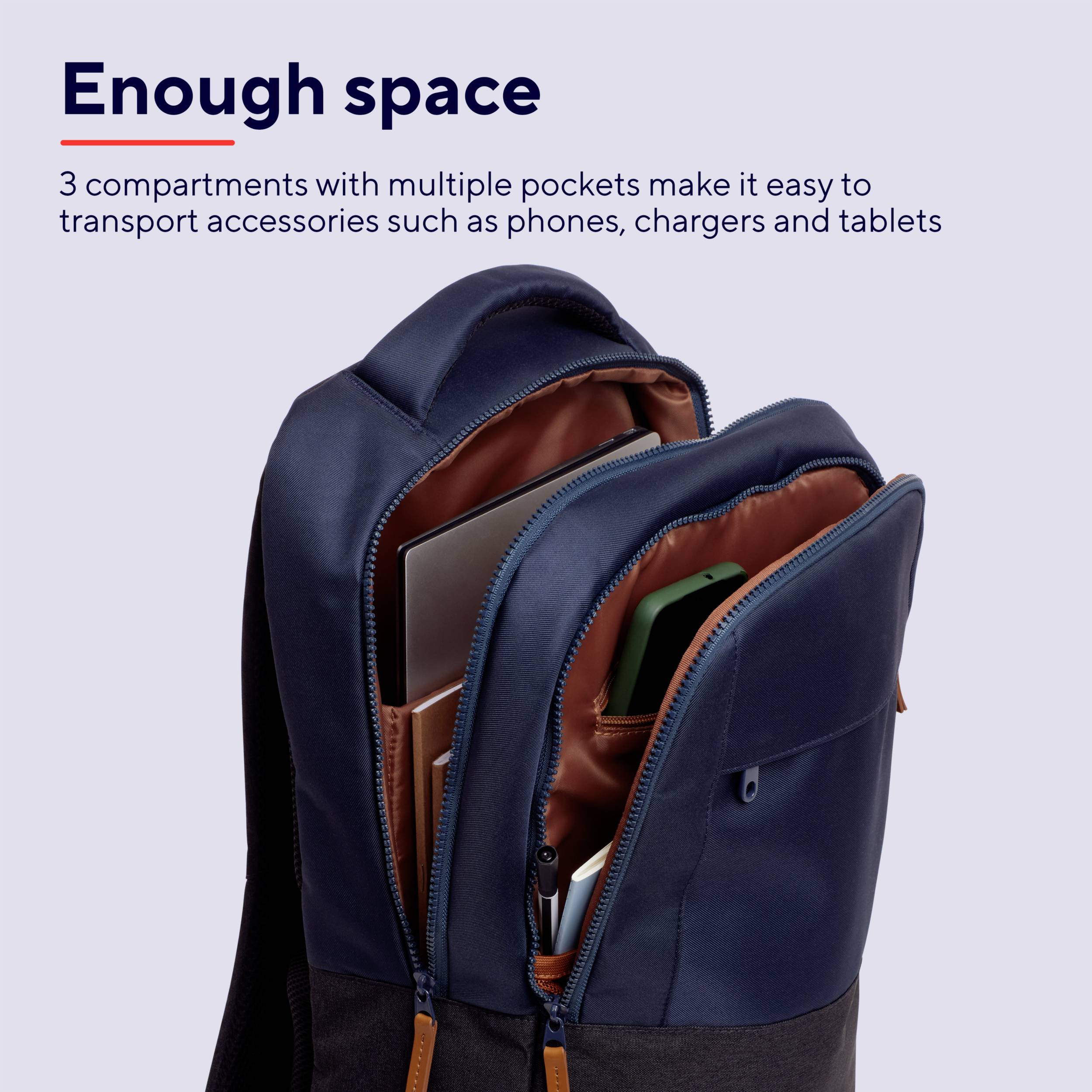 Un sac à dos avec trois compartiments et plusieurs poches, idéal pour transporter des accessoires tels que téléphones portables, chargeurs et tablettes.