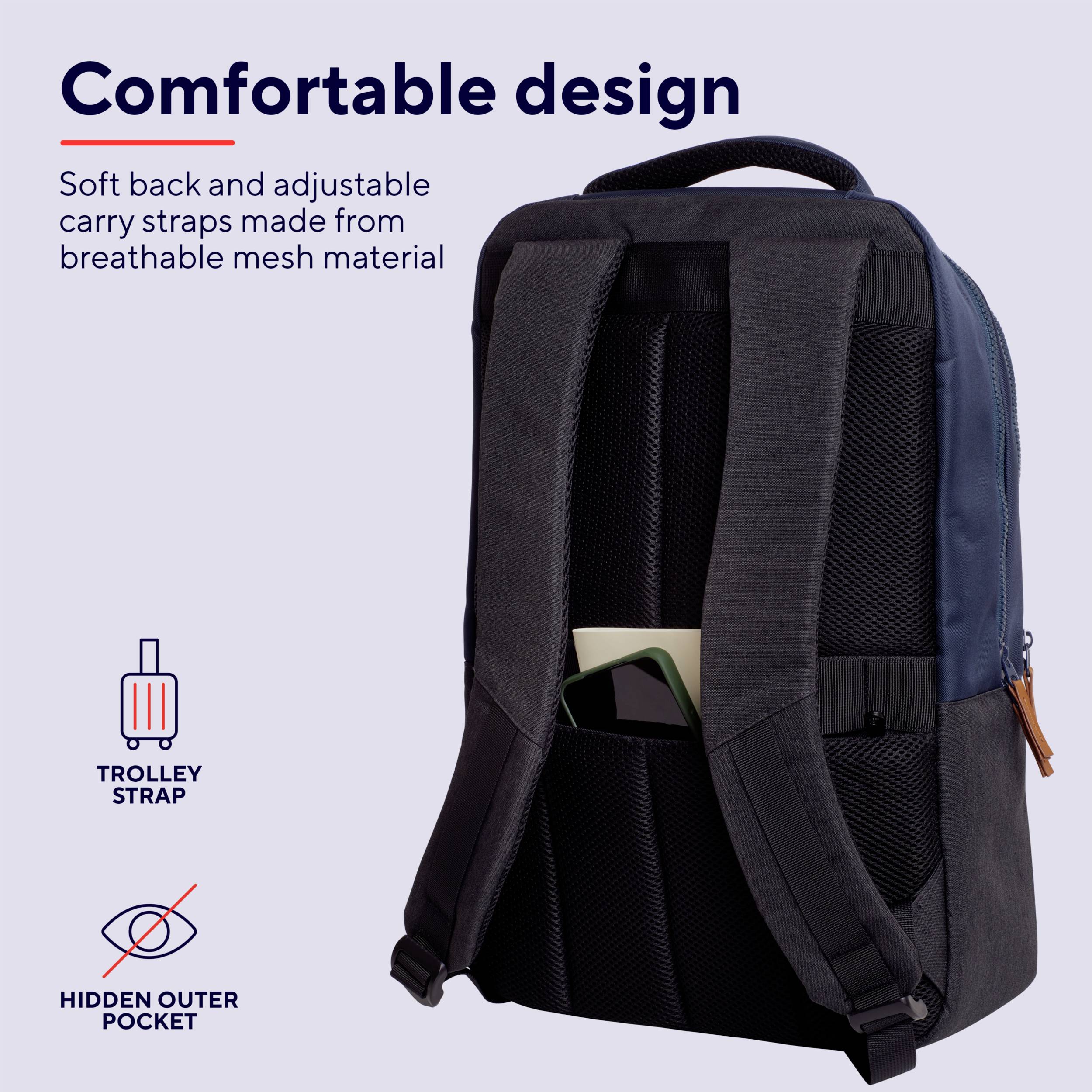 Vue arrière d'un sac à dos avec des bretelles souples et réglables et un réseau respirant ; doté d'une sangle pour chariot et d'une poche extérieure dissimulée.