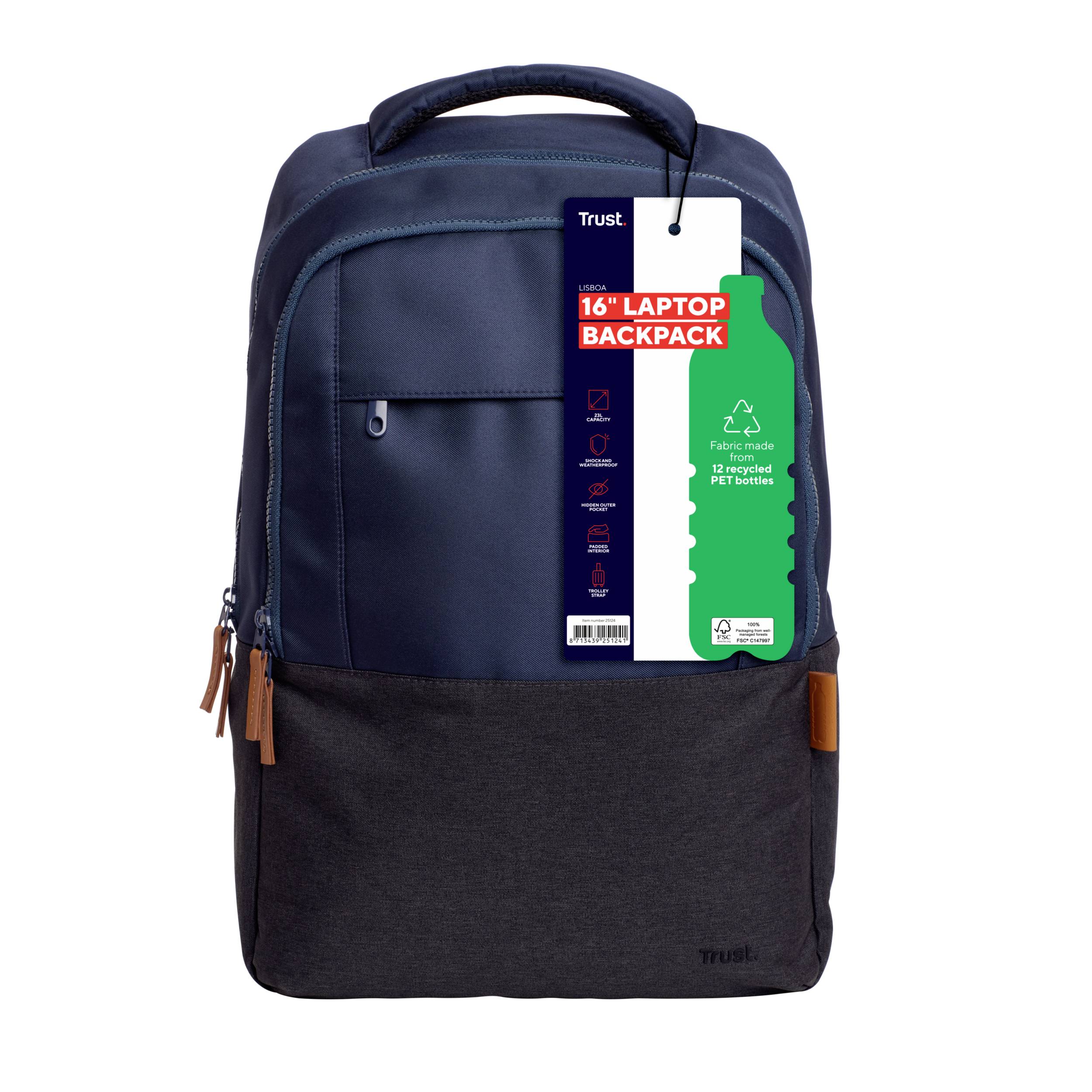 Sac à dos pour ordinateur portable bleu foncé et gris avec des touches marron, adapté aux ordinateurs portables jusqu'à 16 pouces. Fabriqué à partir de PET recyclé.