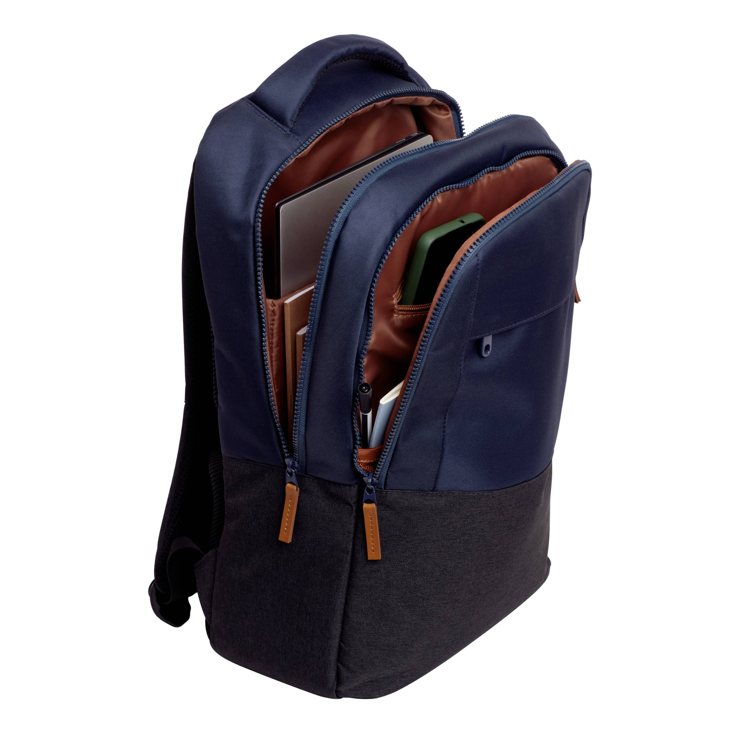 Un sac à dos ouvert, bicolore, avec plusieurs compartiments, capable de contenir des ordinateurs portables et des livres. Adapté pour l'école ou le travail.