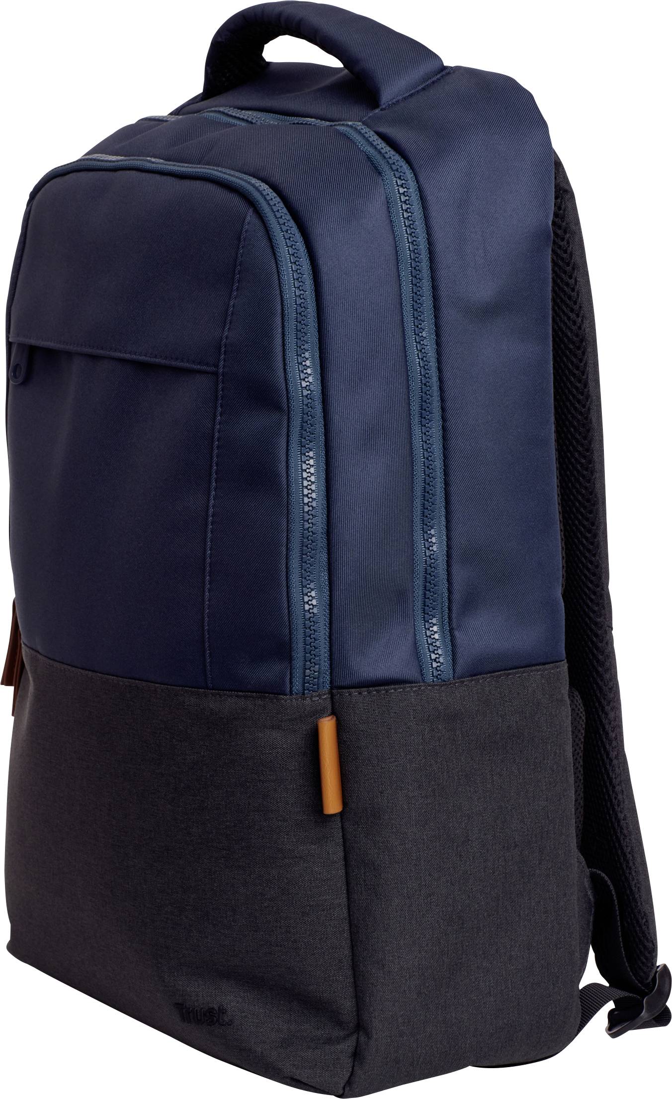 Sac à dos bleu foncé avec deux fermetures éclair et fond noir. Adapté à un usage quotidien ou pour les voyages.