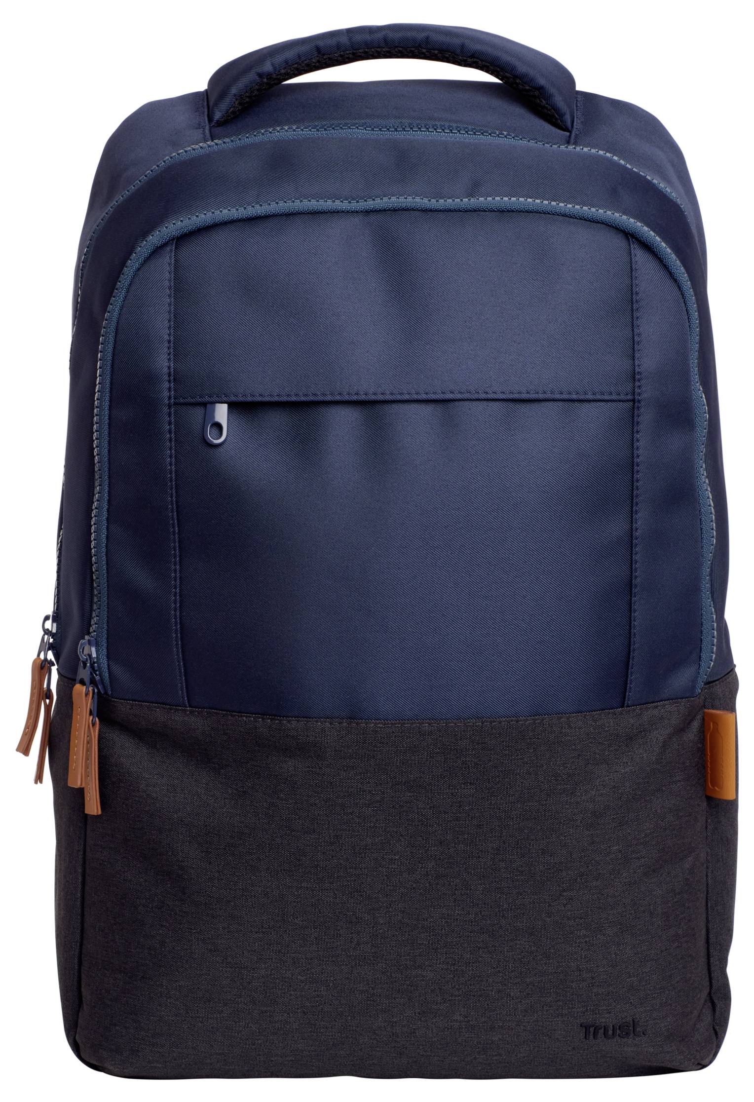 Un sac à dos bleu marine avec un grand compartiment principal et deux compartiments plus petits, avec des détails en cuir sur les fermetures éclair.