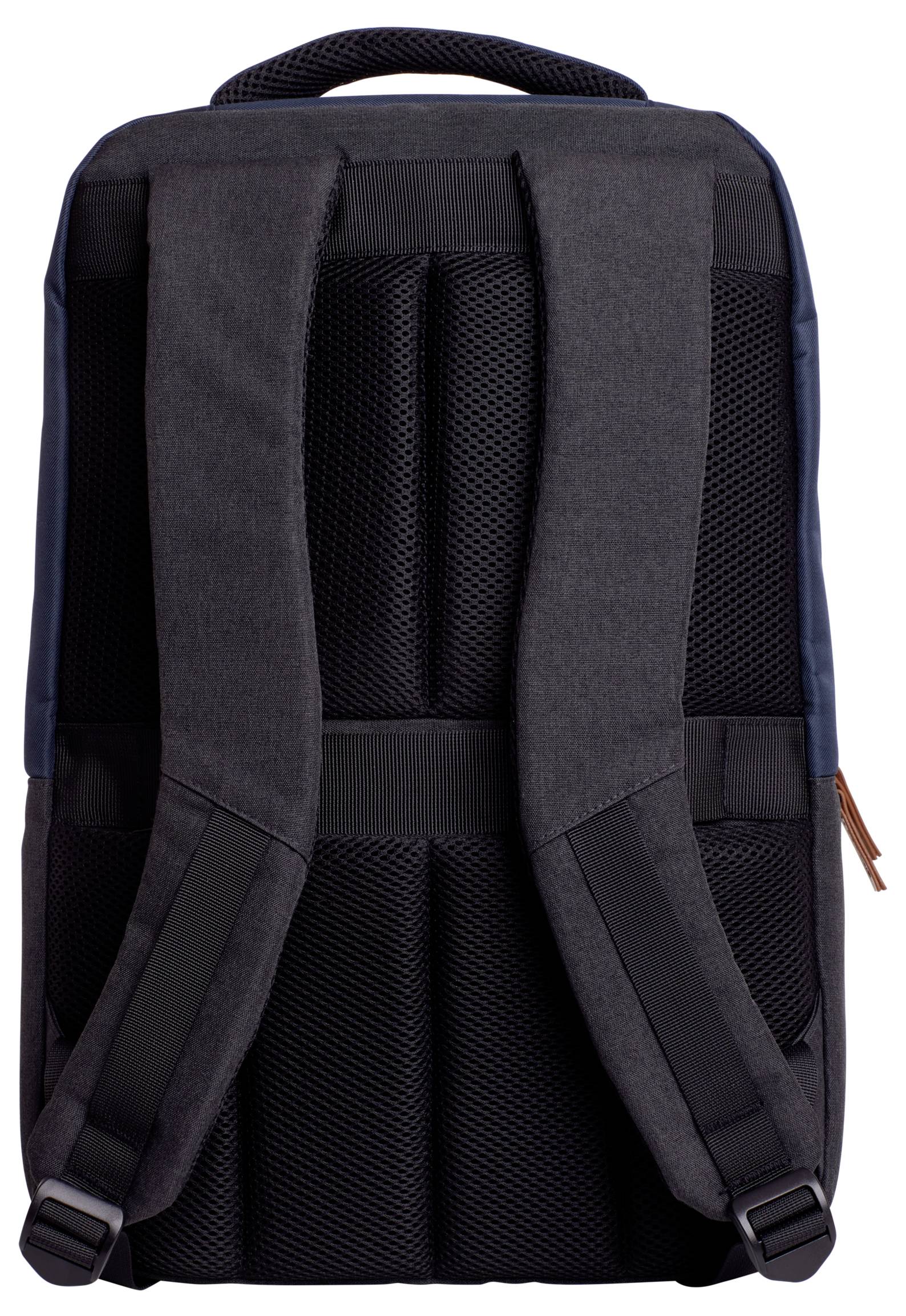 Sac à dos noir avec deux bretelles rembourrées, dos respirant et une poignée de transport en haut.