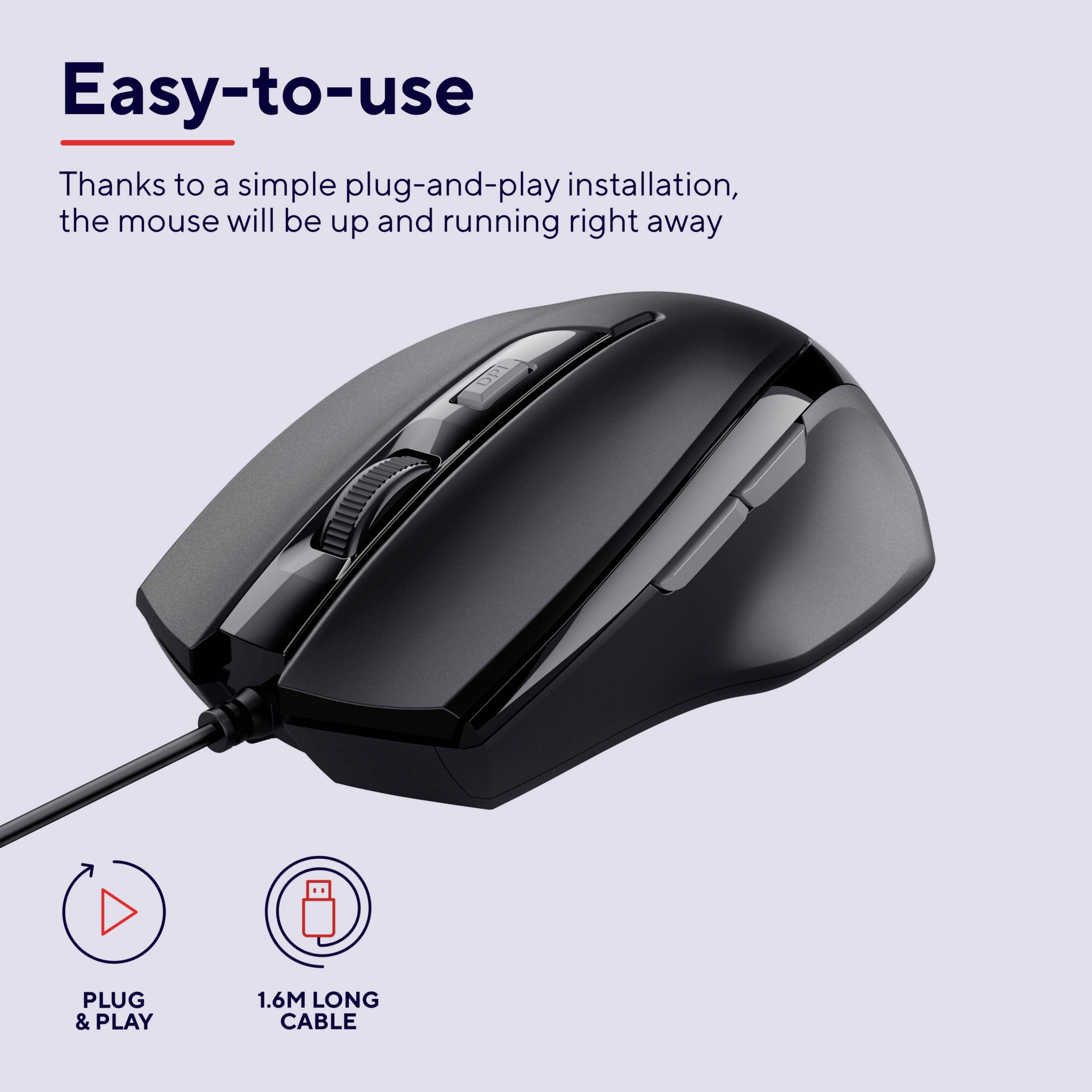 Souris filaire noire avec l'intitulé « Facile à utiliser » sur un fond gris. Texte : « Grâce à son installation Plug-and-Play simple, la souris est immédiatement prête à l'emploi. »