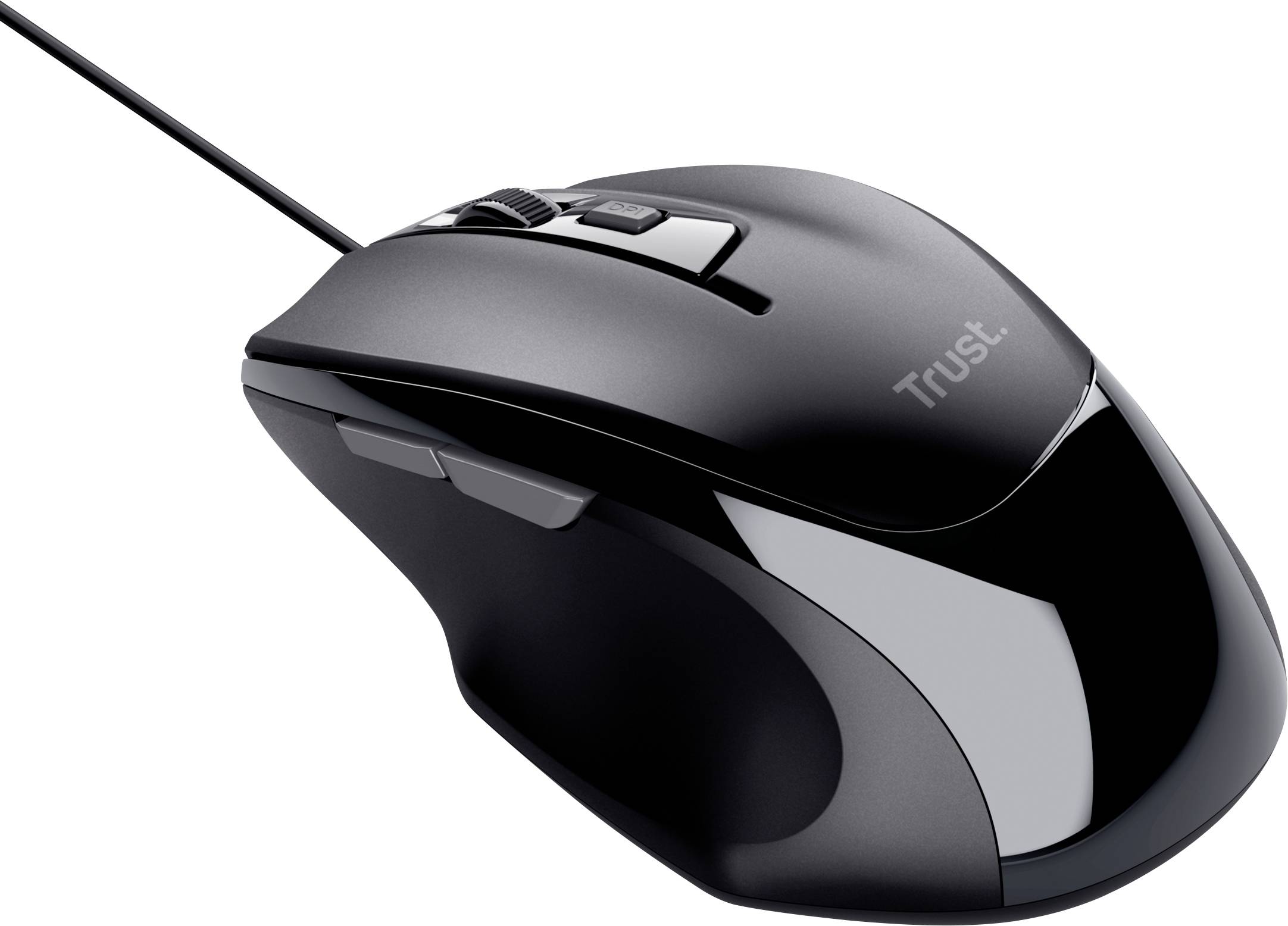 Une souris d'ordinateur filaire noire de la marque Trust, avec un design ergonomique et plusieurs boutons sur le dessus.