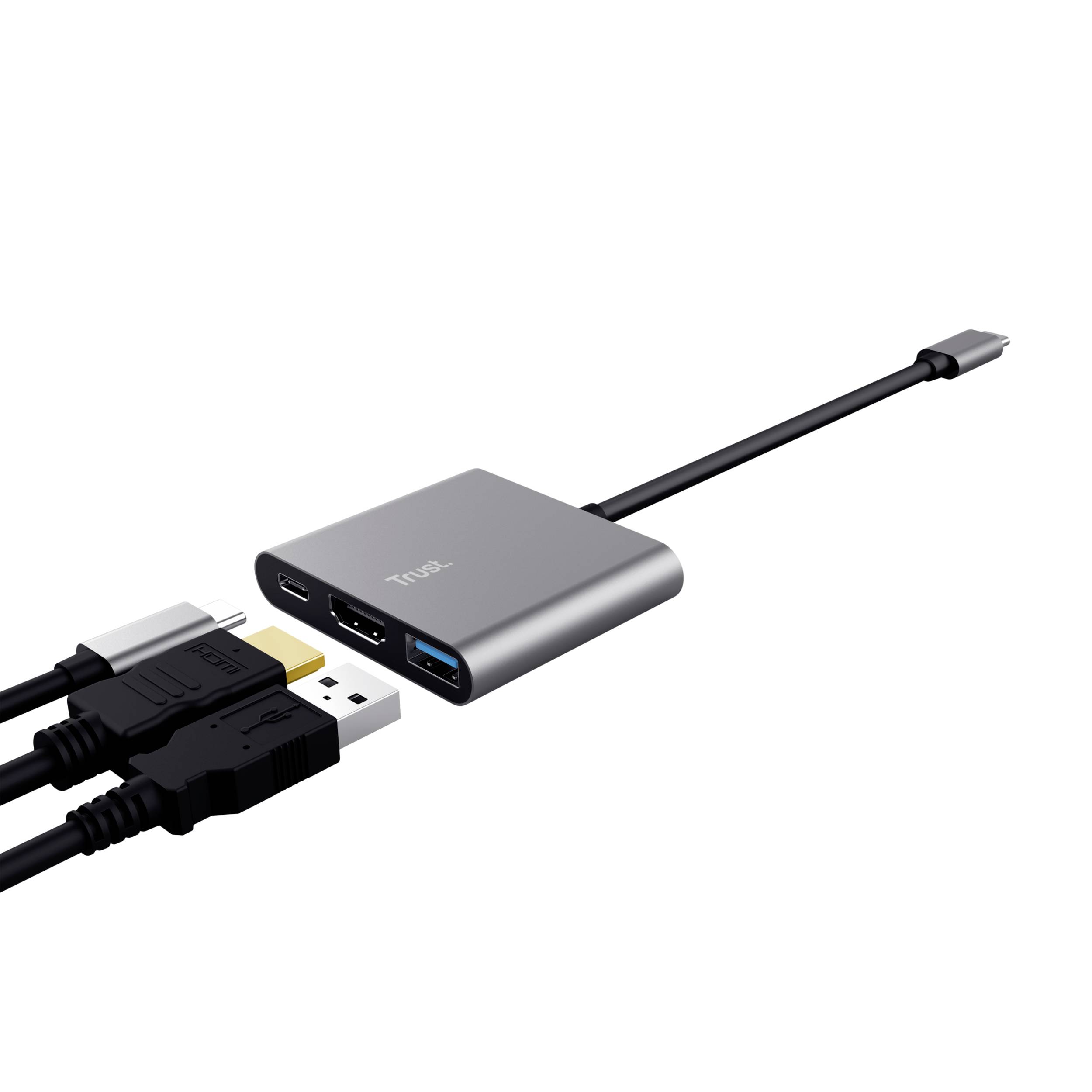 Un hub USB-C avec des ports HDMI, USB-A et USB-C. Un câble HDMI et un câble USB sont branchés.