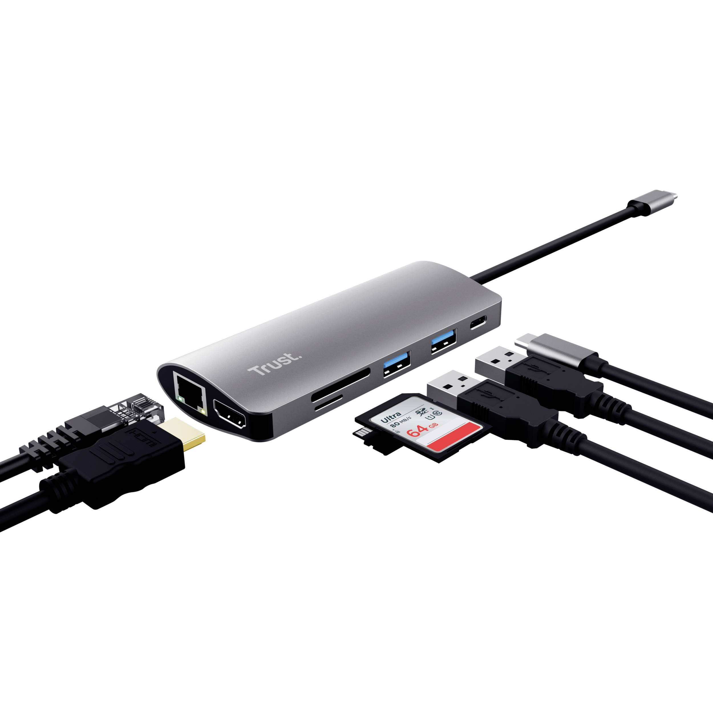 Un hub USB argenté avec plusieurs ports : Ethernet, HDMI, deux ports USB, un lecteur de carte SD et un câble USB-C.