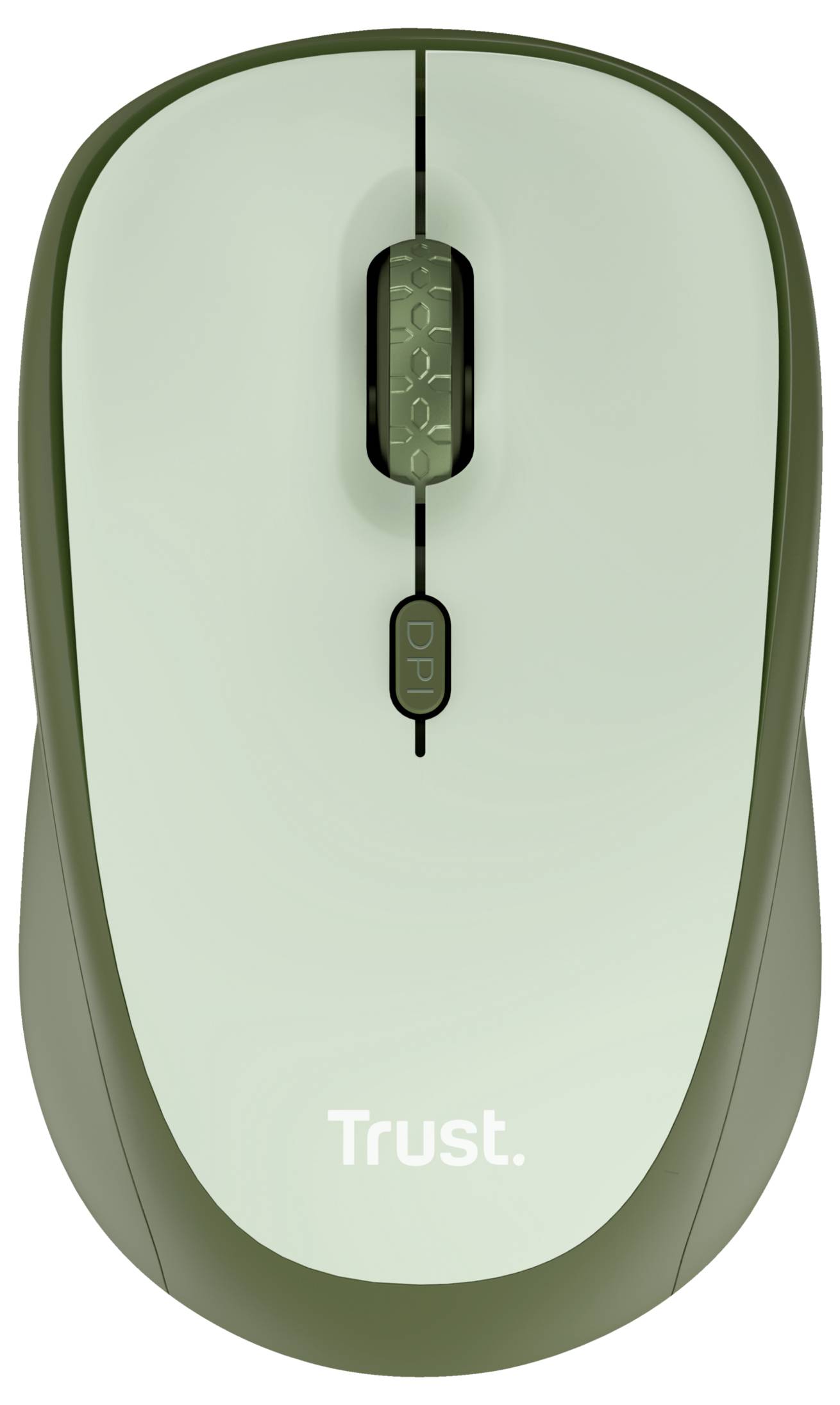 Souris d'ordinateur sans fil avec boîtier vert. Sa surface comprend une molette de défilement et un bouton de réglage DPI.