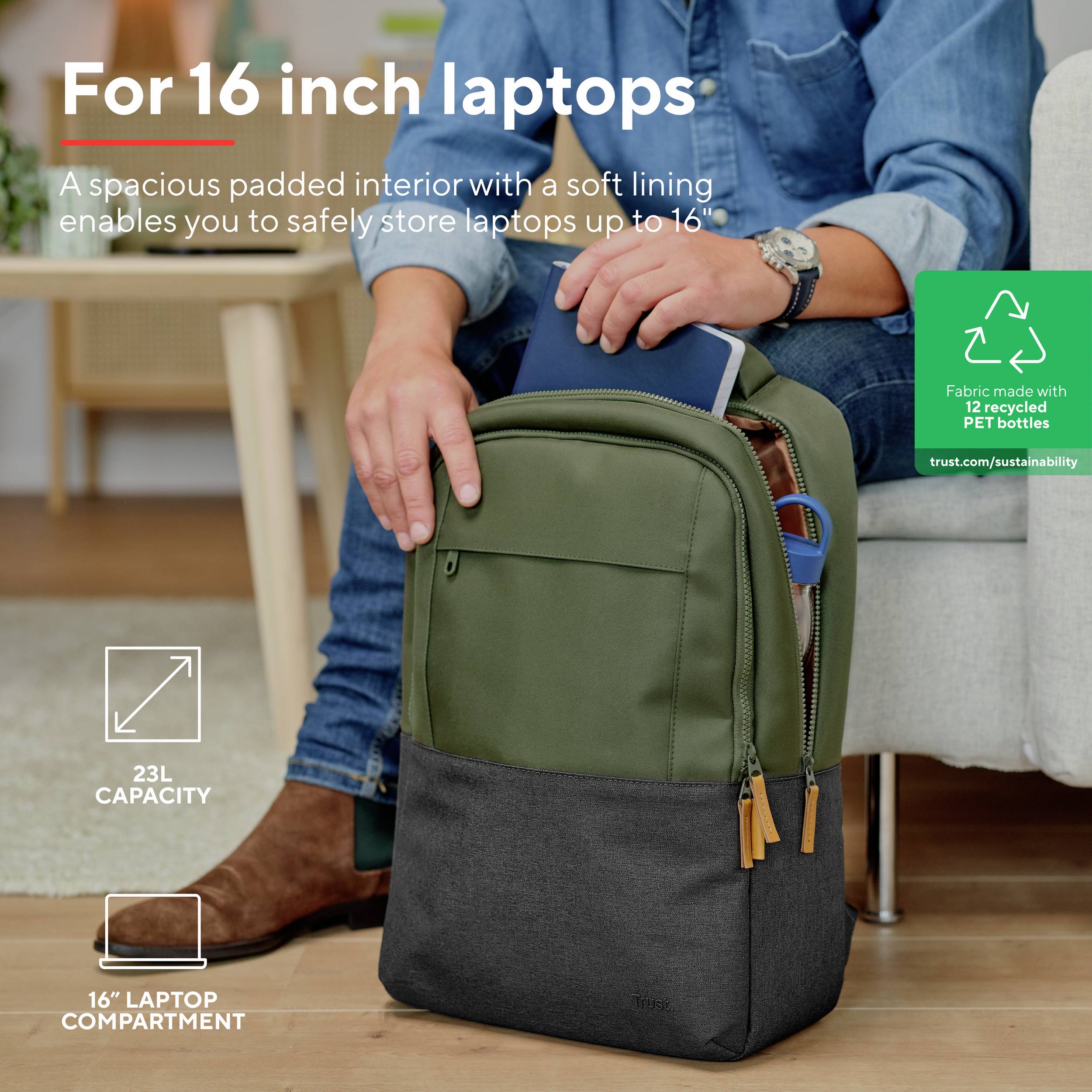 Sac à dos pour ordinateurs portables de 16 pouces avec compartiment rembourré et doublure intérieure douce, offrant une capacité de 23 litres, fabriqué à partir de matériaux recyclés.