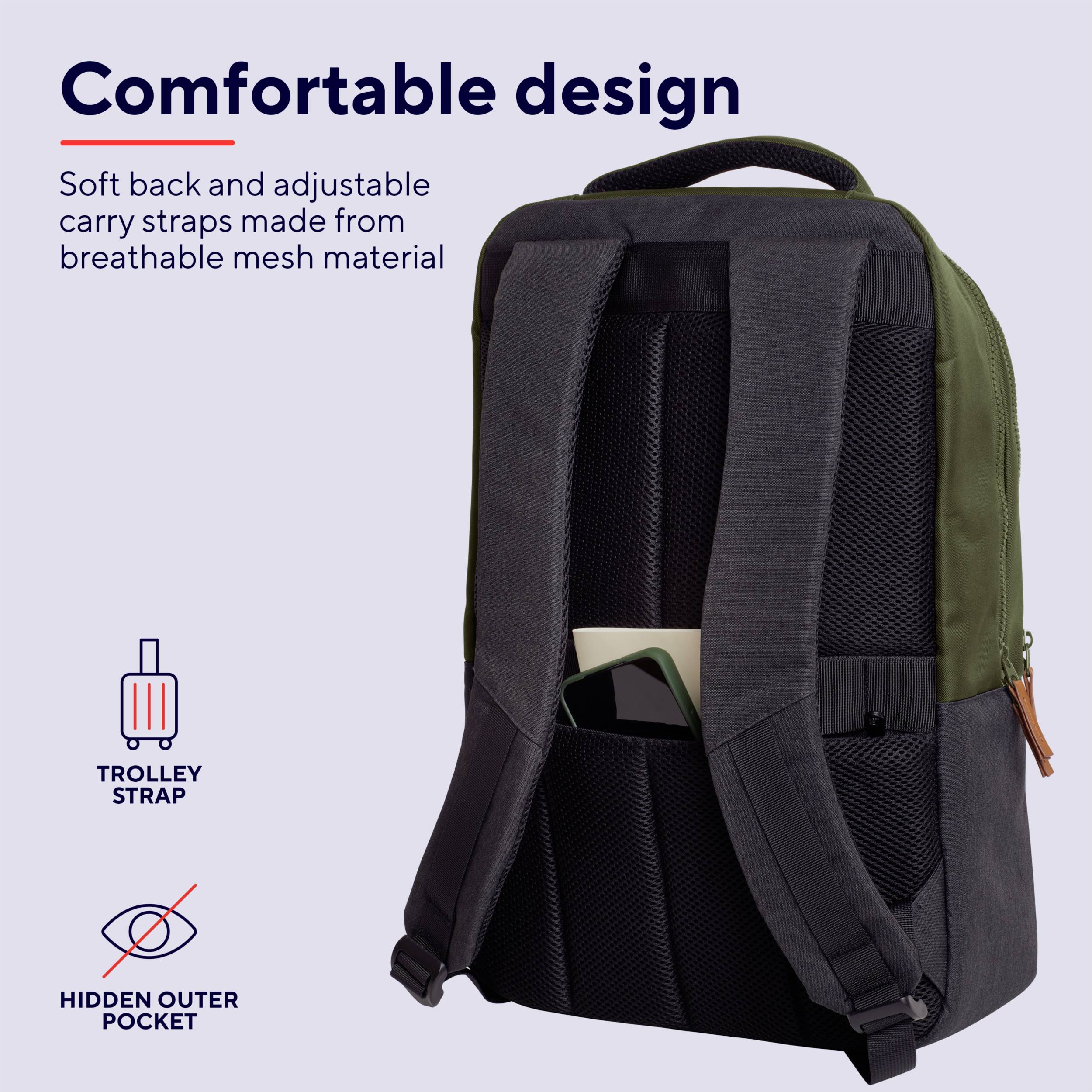 Sac à dos avec dos rembourré, bretelles réglables en matériau respirant en maille, sangle de chariot et poche extérieure dissimulée.