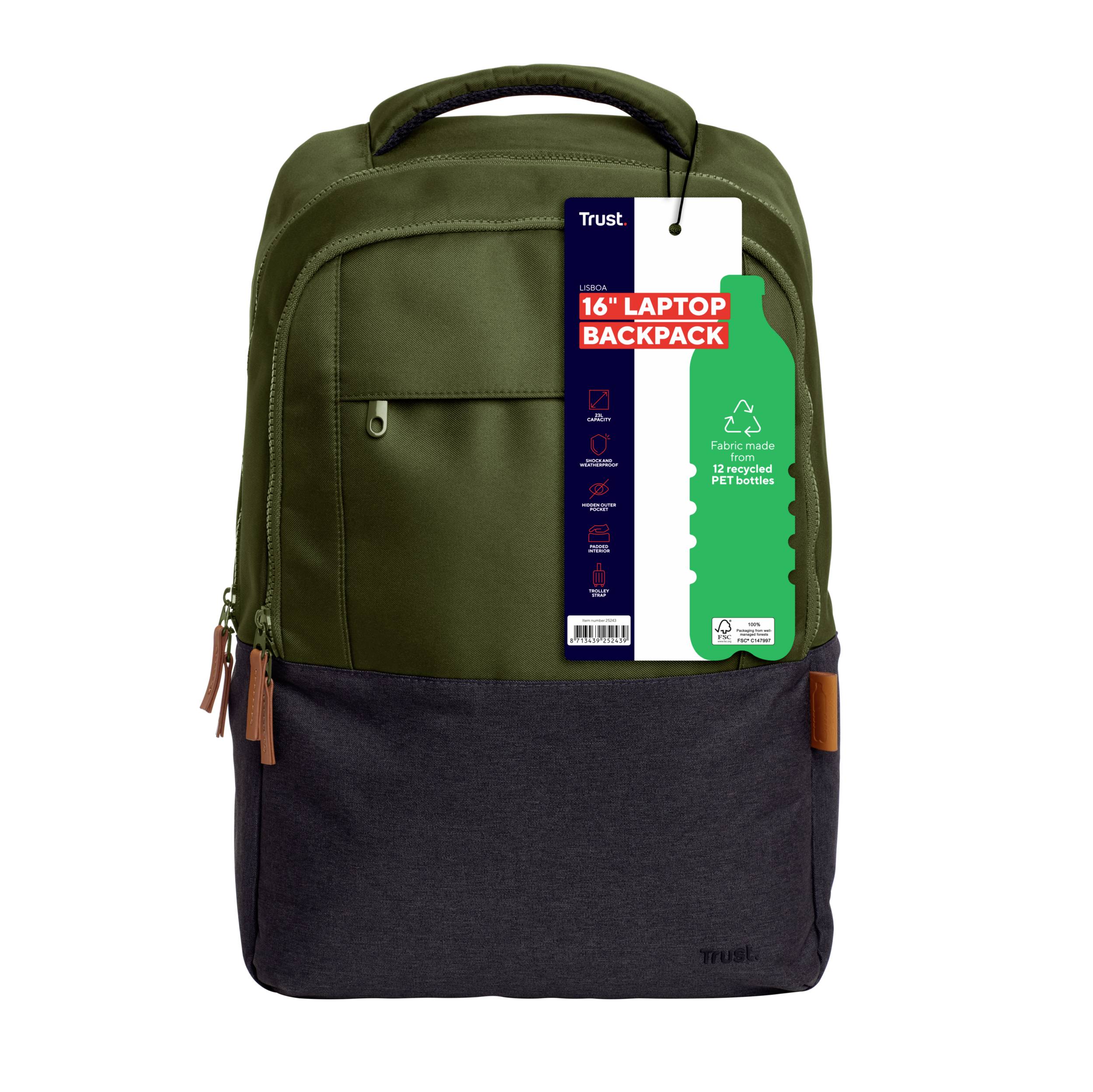 Un sac à dos pour ordinateur portable vert olive de 16 pouces avec un fond gris foncé et des détails en cuir marron. Fabriqué de manière durable à partir de PET recyclé.