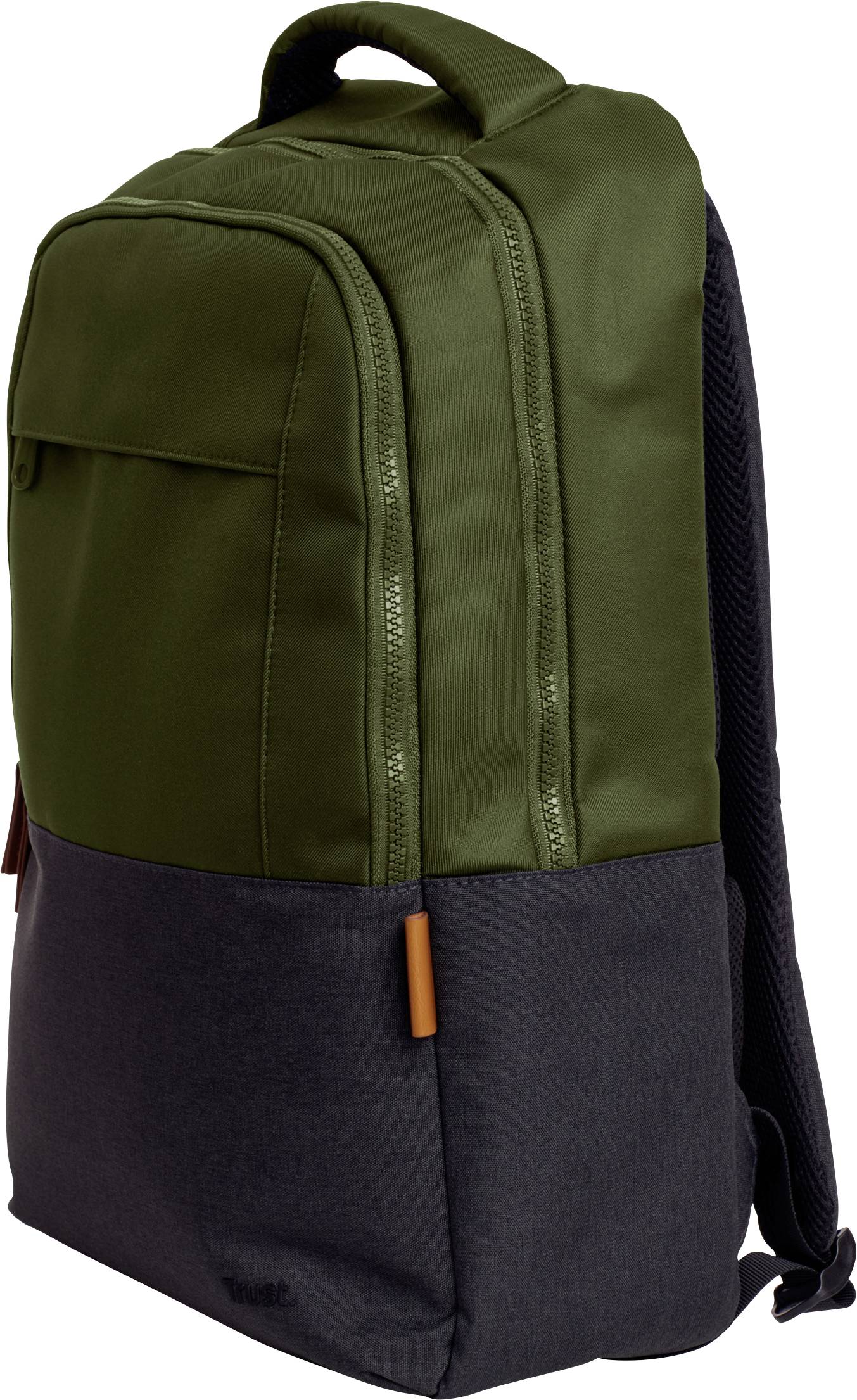 Sac à dos vert avec deux compartiments principaux et un fond gris ; doté d'une poignée de transport et de sangles d'épaules réglables.