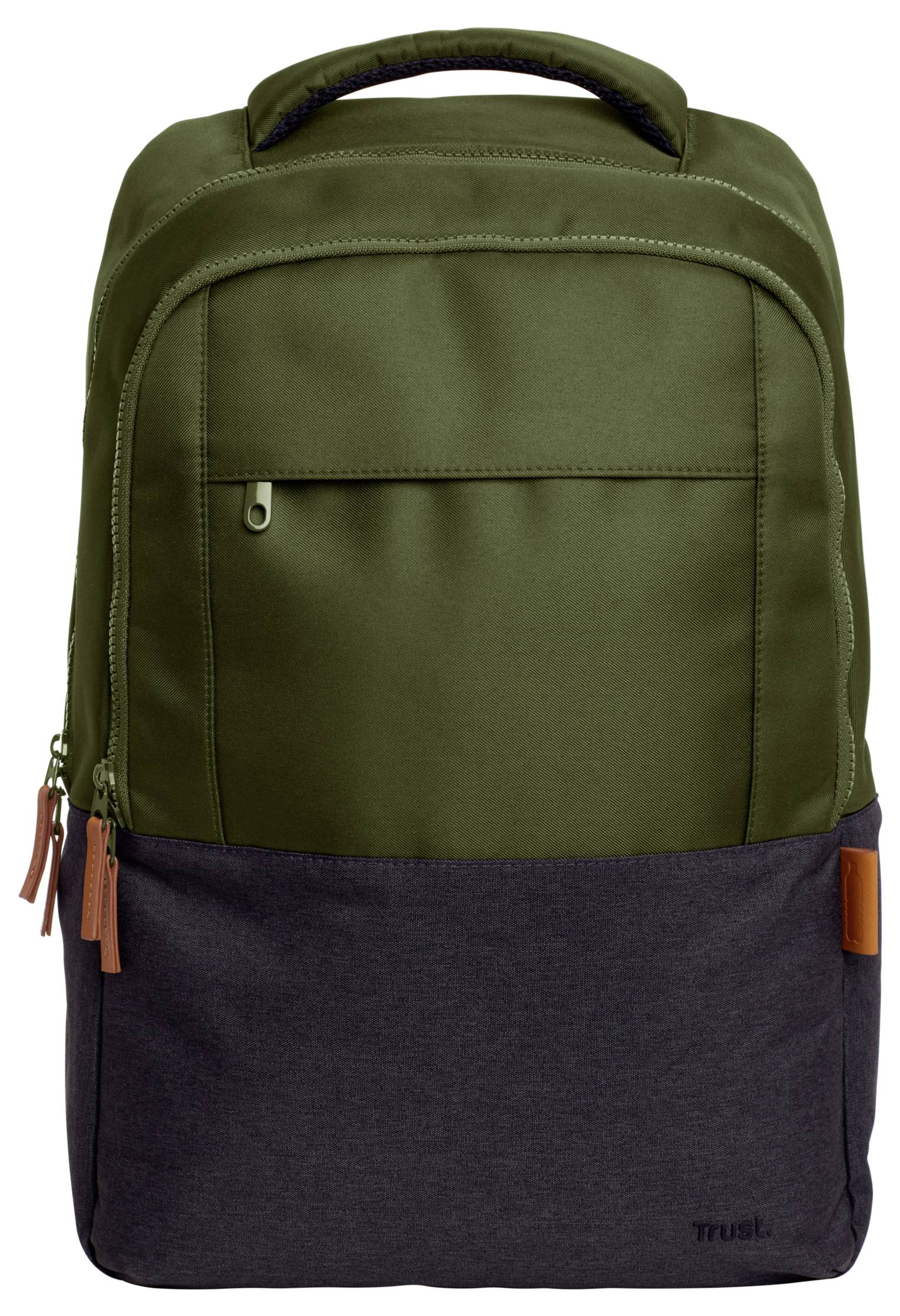 Un sac à dos vert olive avec un fond sombre et des tirettes brunes, adapté pour l'école ou les voyages.