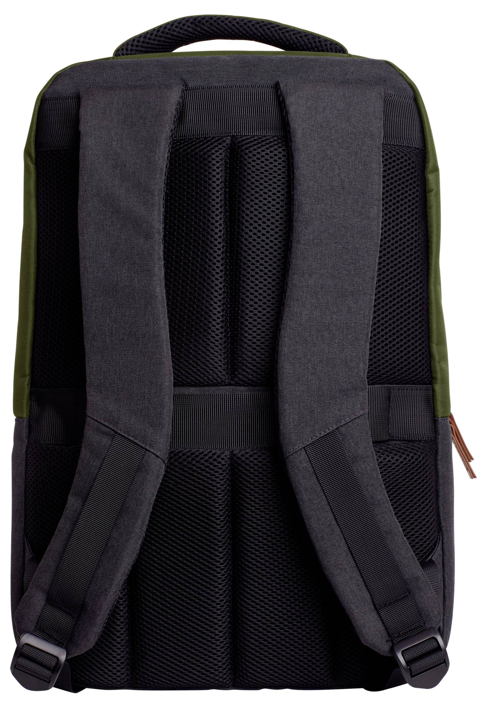 Un sac à dos noir et vert avec des sangles d'épaules rembourrées et un dos en mesh. Idéal pour le confort et une utilisation prolongée.