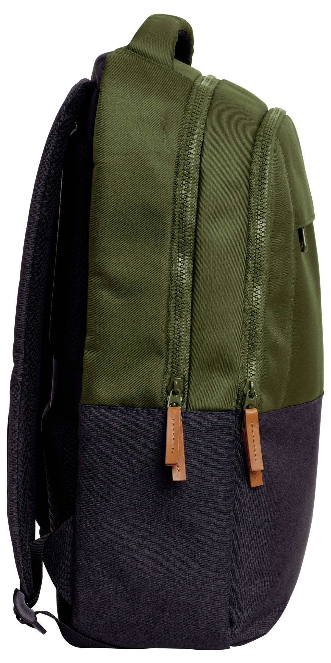 Un sac à dos vert olive et noir vu de profil, doté de deux poches à fermeture éclair et de fermetures à glissière brunes.