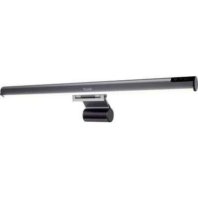 Lampe d'écran LED noire avec clip de fixation argenté, adaptée à l'éclairage des écrans d'ordinateur. Marquage 'Trust'.