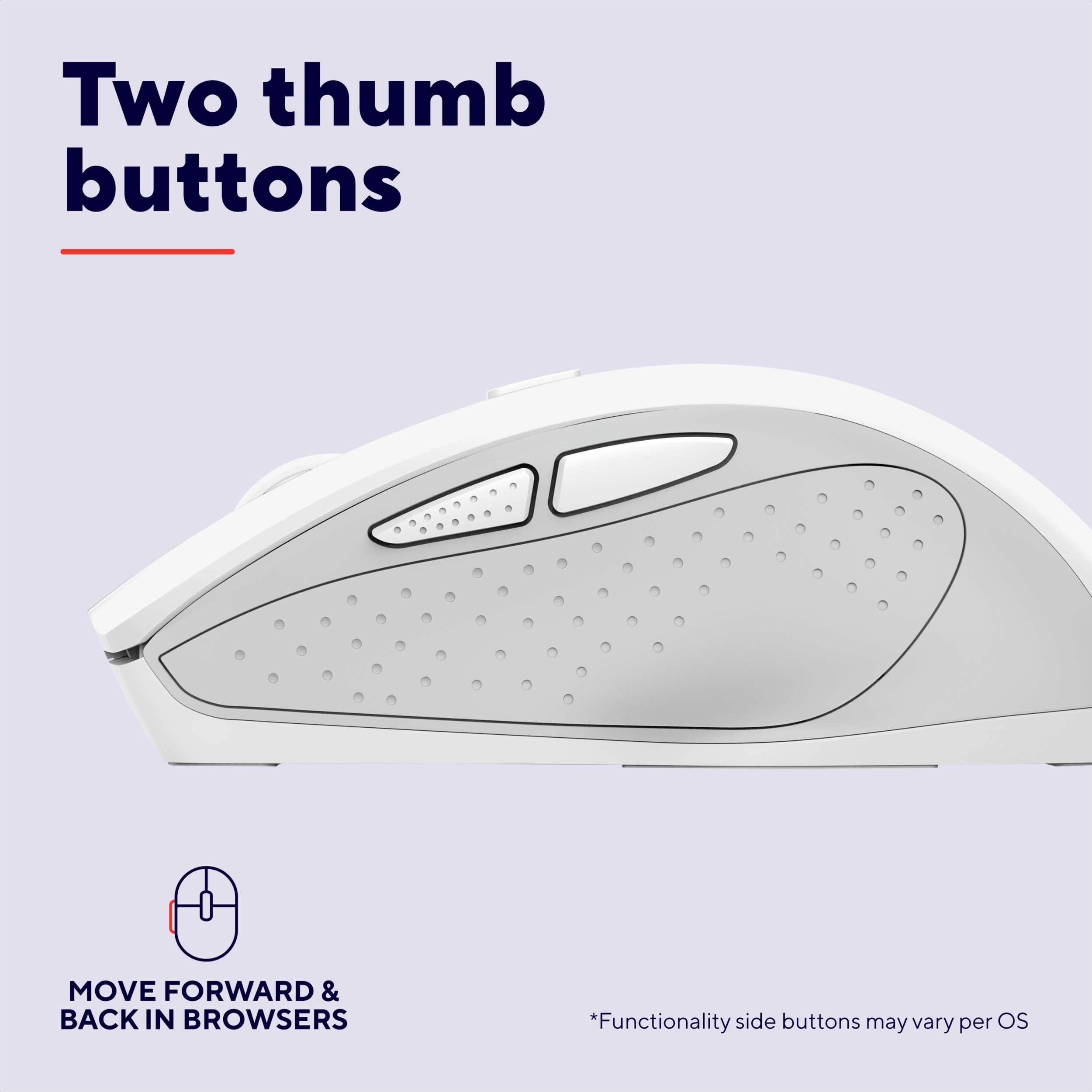 Souris d'ordinateur blanche avec deux boutons latéraux facilitant la navigation dans les navigateurs web.
