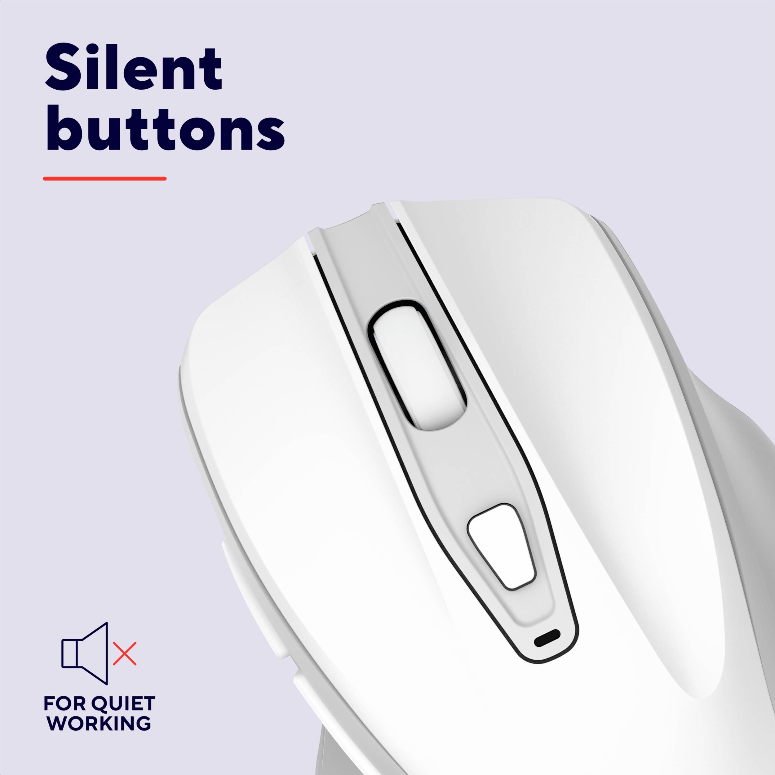 Une souris d'ordinateur blanche avec des touches silencieuses. Le texte indique 'Silent buttons'. Un symbole de haut-parleur barré se trouve en dessous.