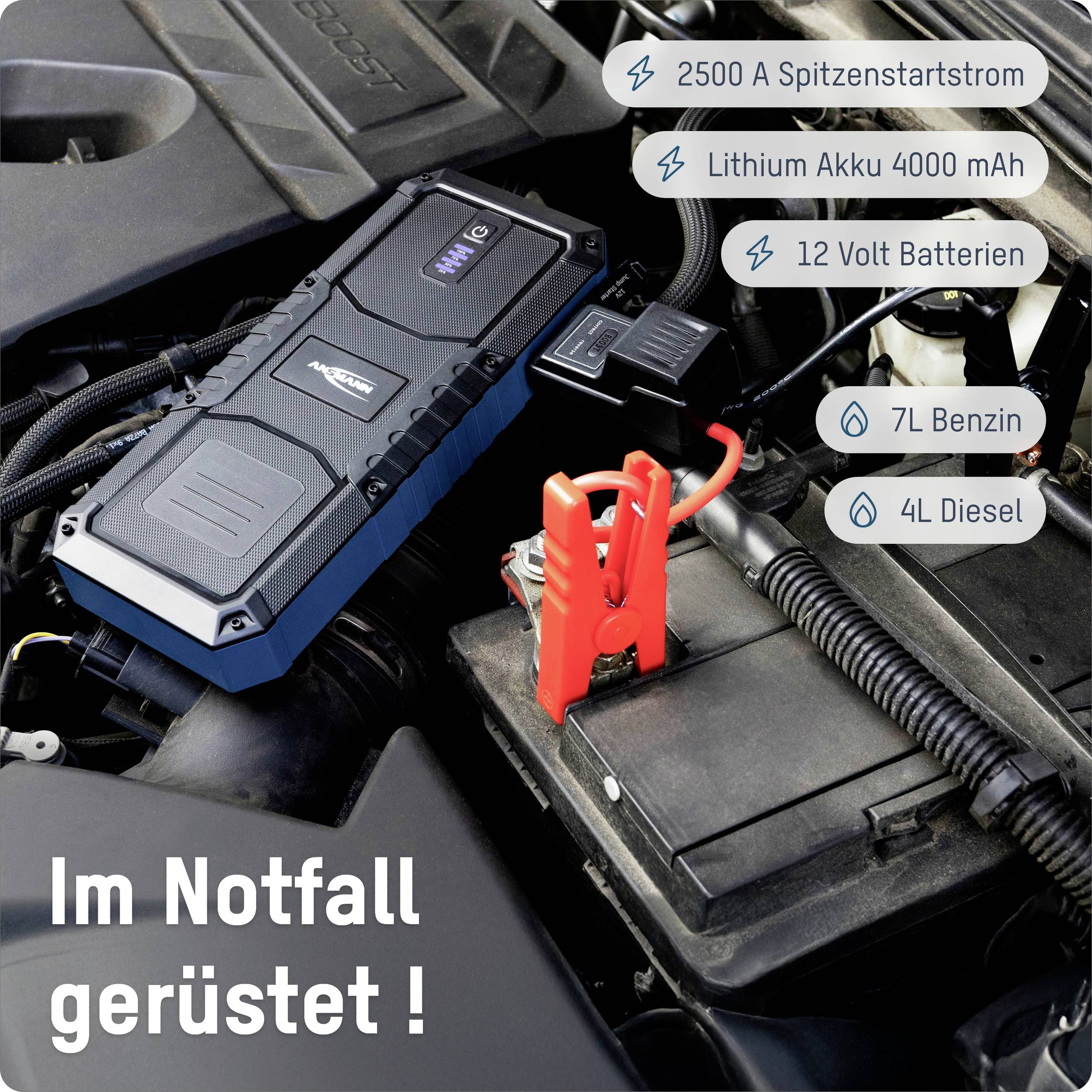 Une batterie de démarrage est connectée à une batterie de voiture. Texte : « Prêt en cas d'urgence ! », détails techniques à gauche.