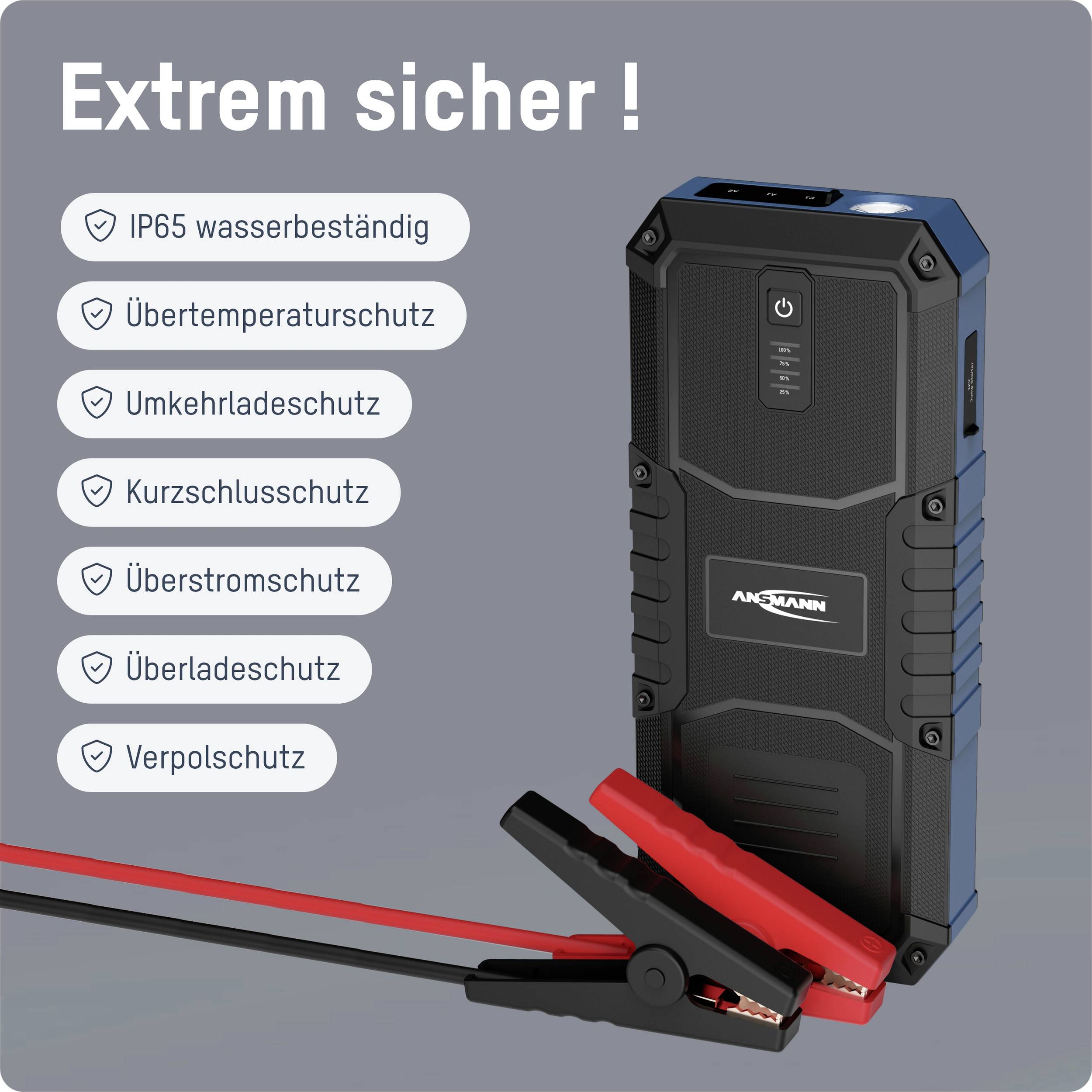 Batterie externe 'ANSMANN' avec pinces de câble noires. Le texte décrit différentes fonctions de protection, notamment IP65 et la protection contre les surintensités.