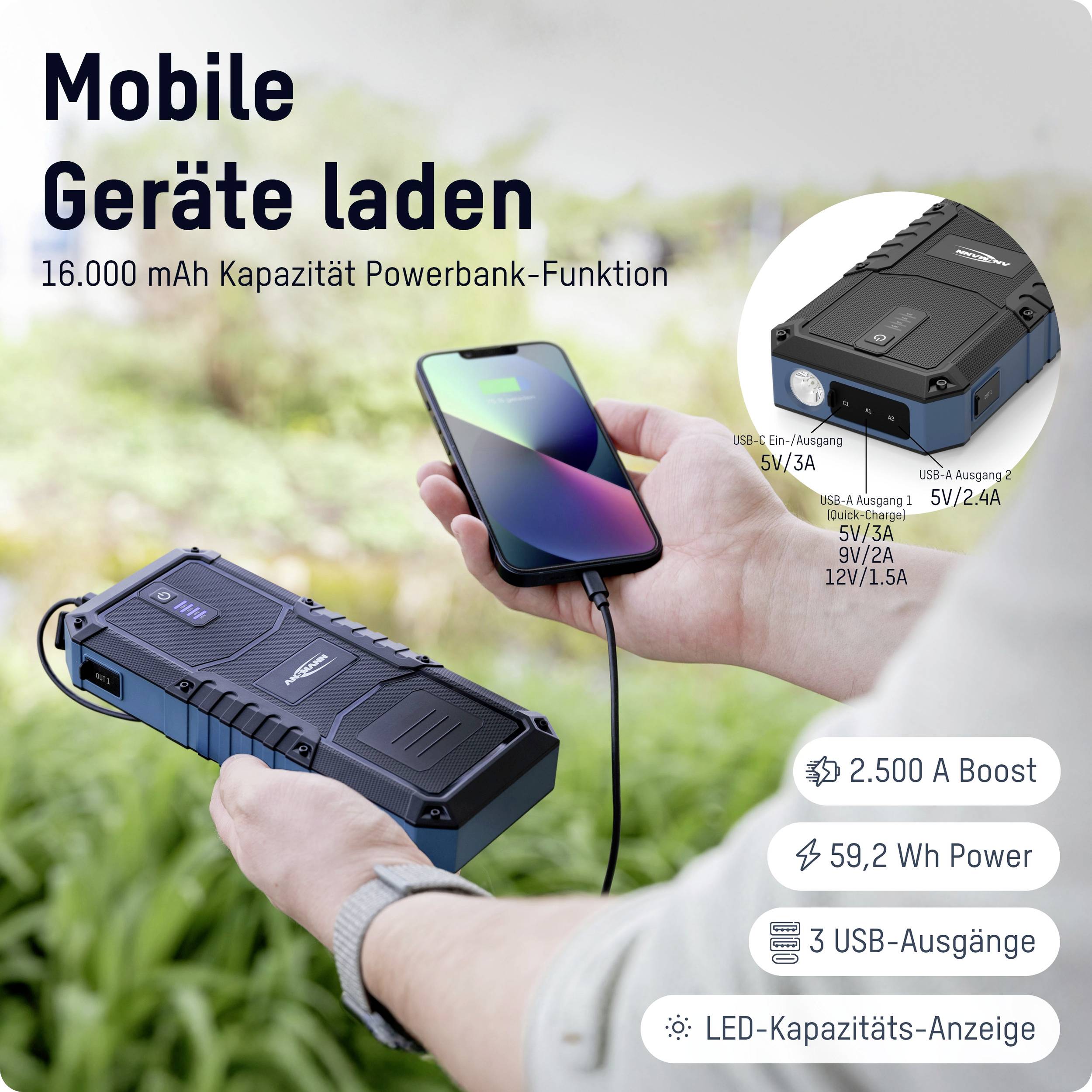 Une batterie externe de 16 000 mAh charge un smartphone. Elle dispose de 3 ports USB, d'un indicateur de capacité LED et fournit 59,2 Wh d'énergie.