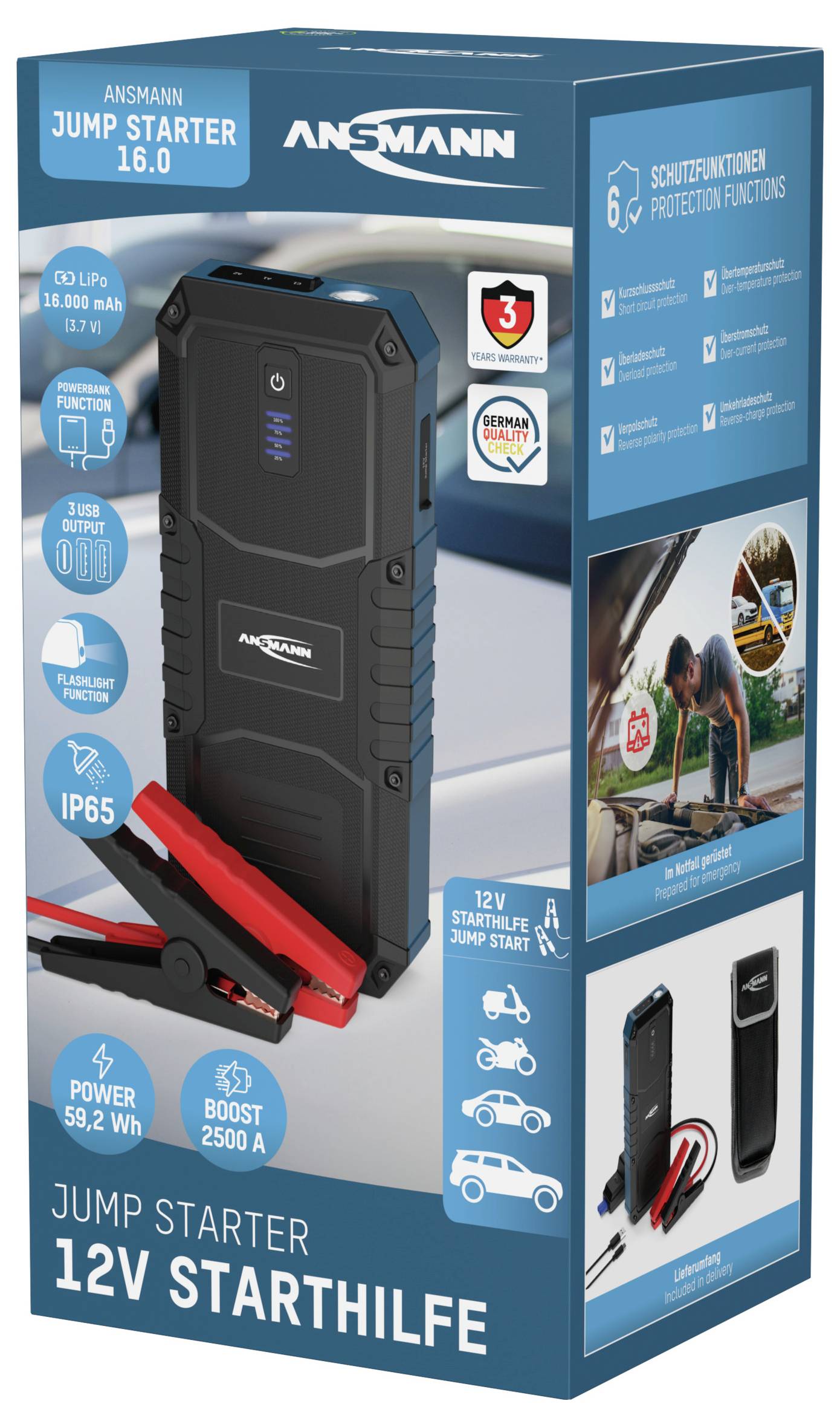 Un démarreur de batterie Ansmann Jump Starter 16.0 12V dans un emballage. Caractéristiques principales : USB PD, IP65, fonctions de protection, puissance et boost.