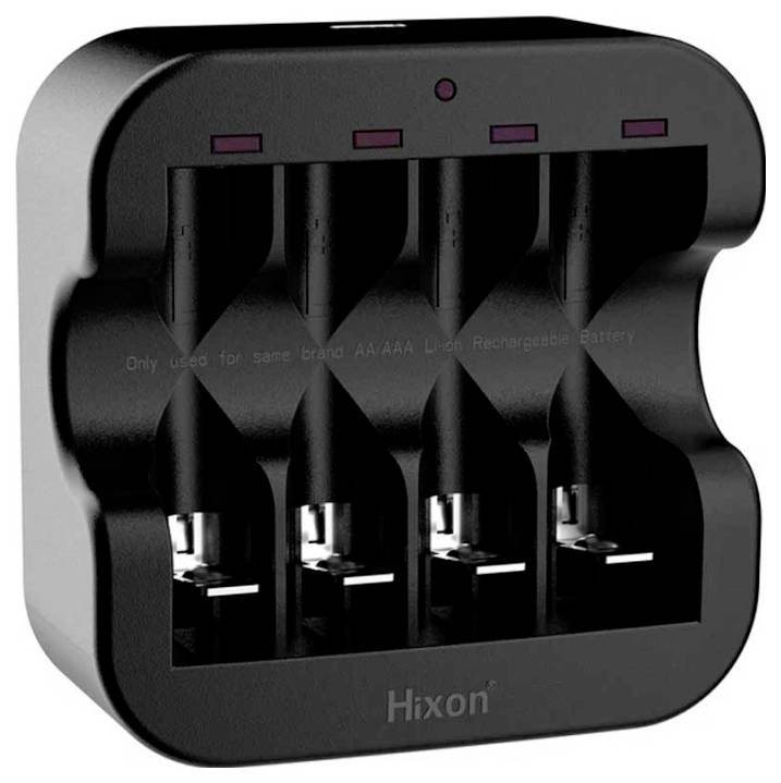 Chargeur pour jusqu'à quatre piles AA ou AAA, design noir, logo Hixon en bas.