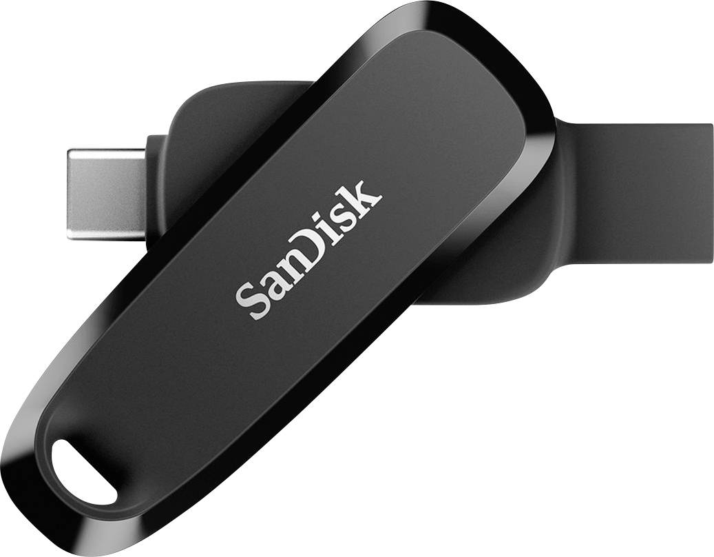 Clé USB noire avec inscription 'SanDisk' en blanc, connecteur USB-C visible.