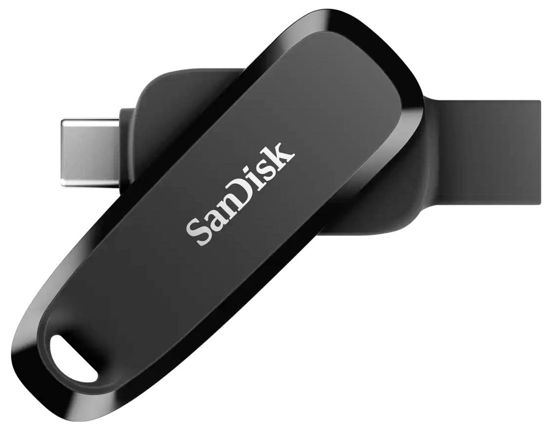 Clé USB de SanDisk avec des bords arrondis et un connecteur USB-C, adaptée pour le stockage et le transfert de données.