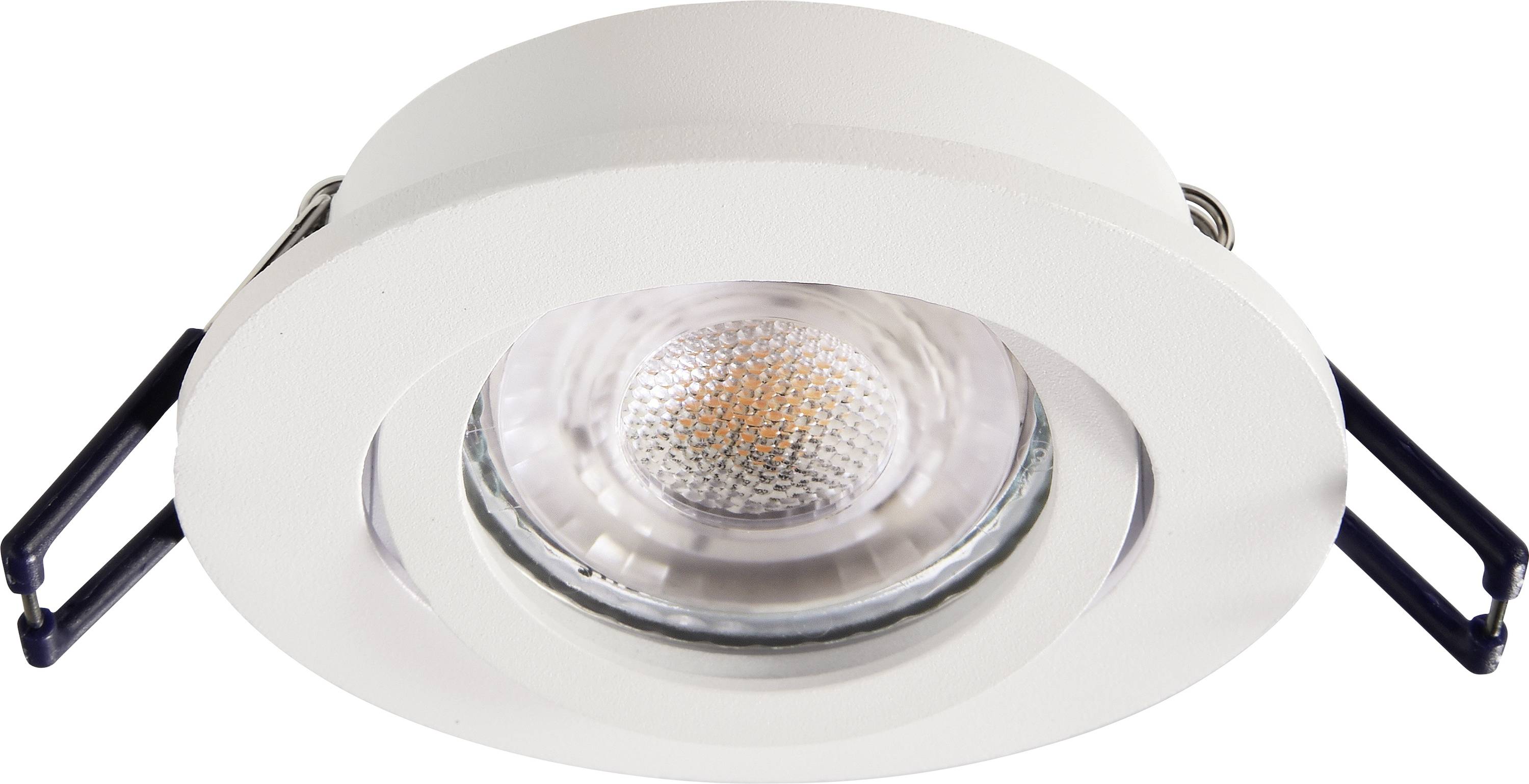 Spot encastrable LED rond, blanc, avec source lumineuse orientable et clips de fixation latéraux pour une installation au plafond.