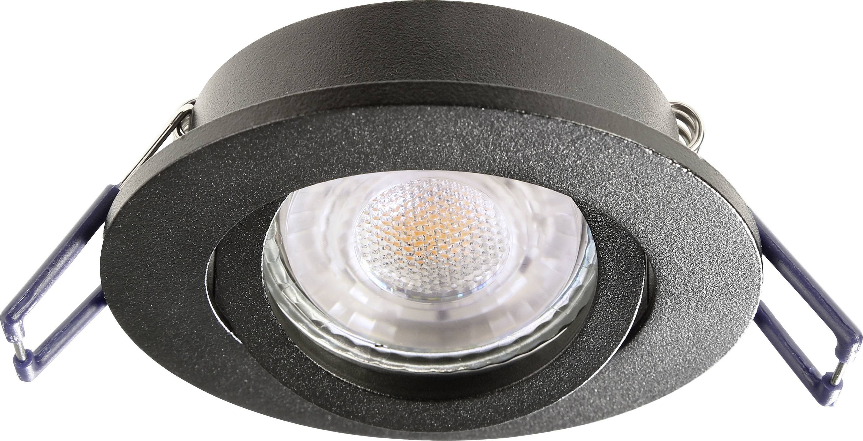 Spot encastrable LED rond noir avec bordure argentée et source lumineuse apparente ; montage au plafond.
