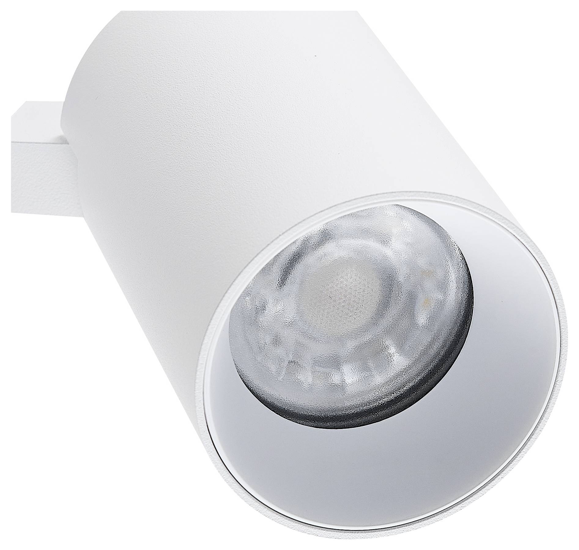 Plafonnier blanc de forme cylindrique, avec source lumineuse directionnelle et design épuré pour intérieurs modernes.
