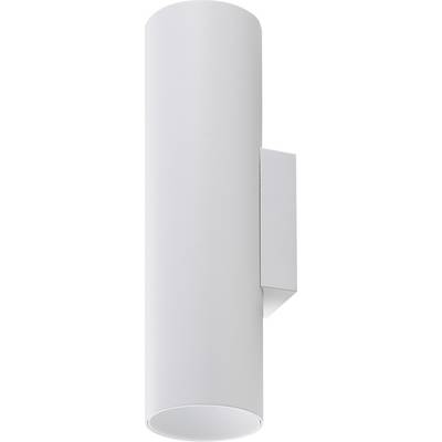 Lampe murale blanche, cylindrique, à surface lisse, montée sur un support rectangulaire. Design moderne et minimaliste.