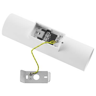 Lampe cylindrique blanche avec compartiment ouvert, câble monté et plaque métallique ; illustre l'étendue de la livraison ou les instructions d'installation.