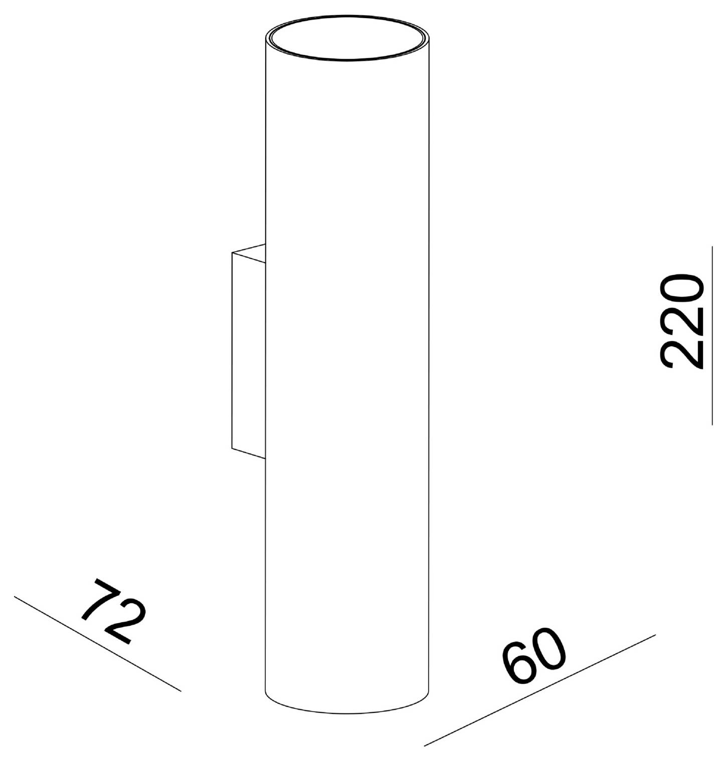 Dessin technique d'un poteau cylindrique vertical avec support latéral, indiqué 220 de hauteur et 60 de largeur, avec une cote diagonale de 72.