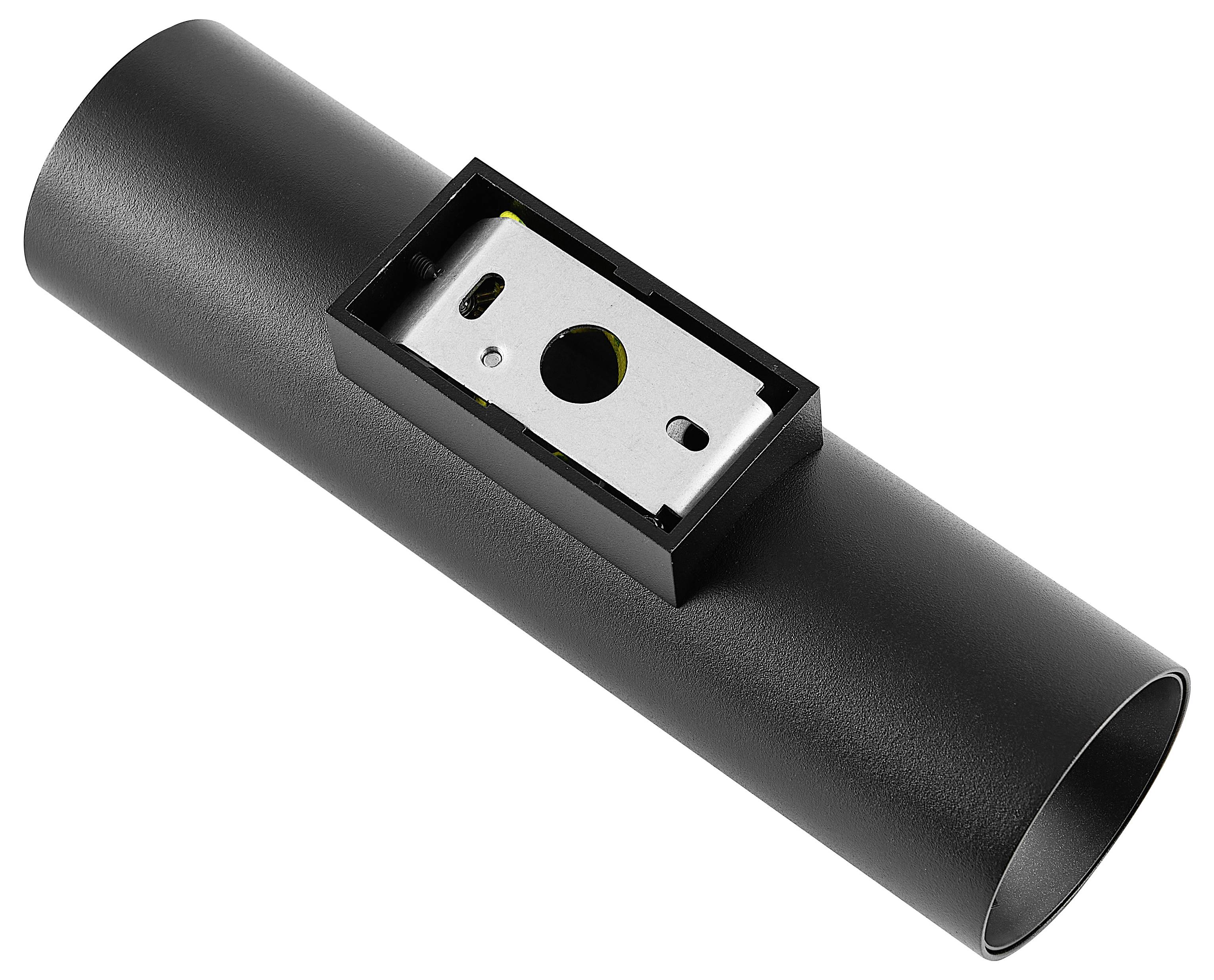 Tube cylindrique noir avec un boîtier métallique rectangulaire sur le dessus, probablement destiné à des fins de montage.