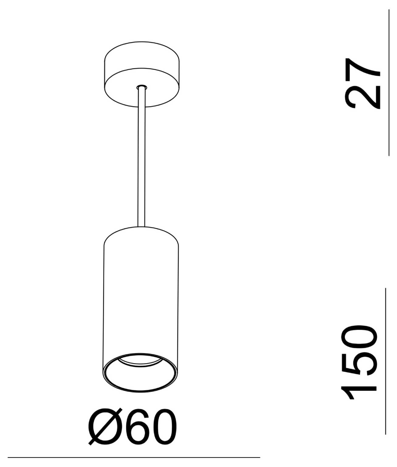 Dessin technique d'une suspension lumineuse, montrant une tête de lampe cylindrique et une fixation au plafond, avec des dimensions de 150 mm de hauteur et 60 mm de diamètre.