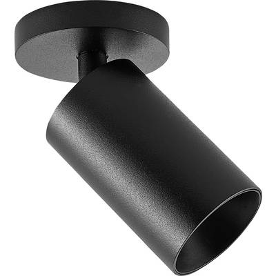 Luminaire de plafond cylindrique noir au design moderne, monté sur une base ronde, orienté légèrement vers le bas.