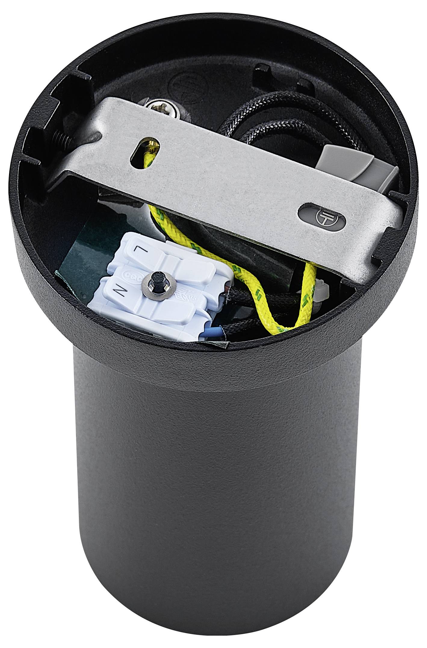 Boîtier cylindrique noir à couvercle ouvert montrant des composants électriques et des câbles à l'intérieur, probablement partie intégrante d'un luminaire ou d'un autre appareil.