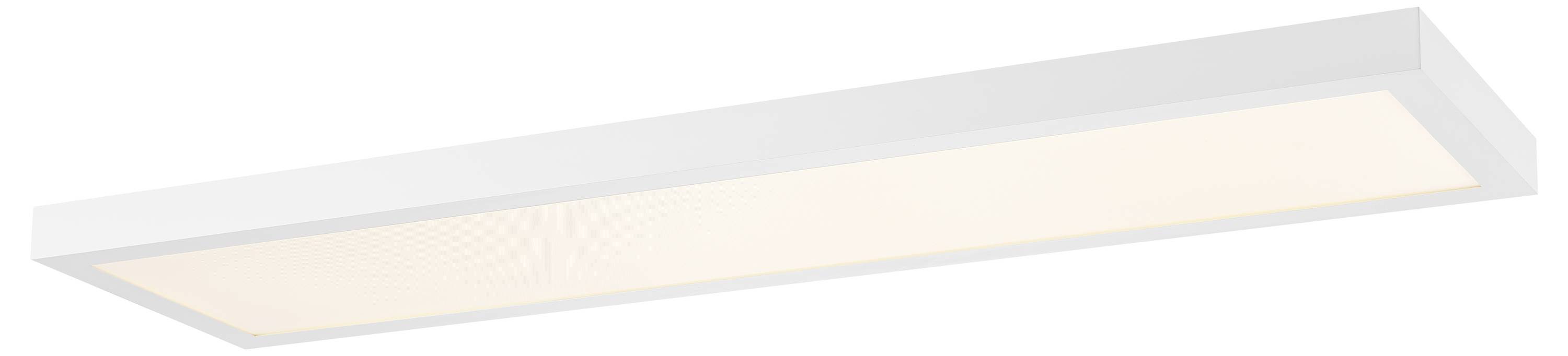 Plafonnier blanc rectangulaire au design épuré, offrant une répartition uniforme de la lumière.