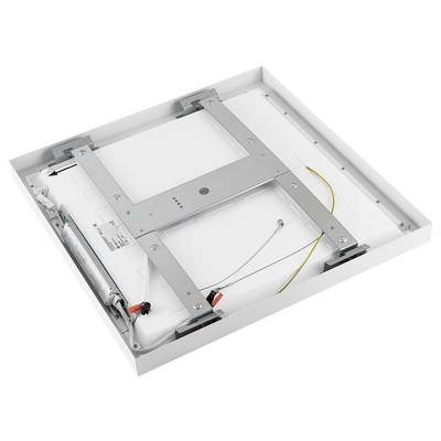 Panneau de plafond LED vu de l'arrière, montrant la structure du boîtier et les éléments de fixation. Les câbles et le boîtier de connexion sont visiblement installés.