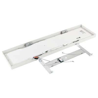 Luminaire encastré sans cache, rectangulaire et blanc, avec câblage et éléments de fixation visibles sur un cadre métallique.