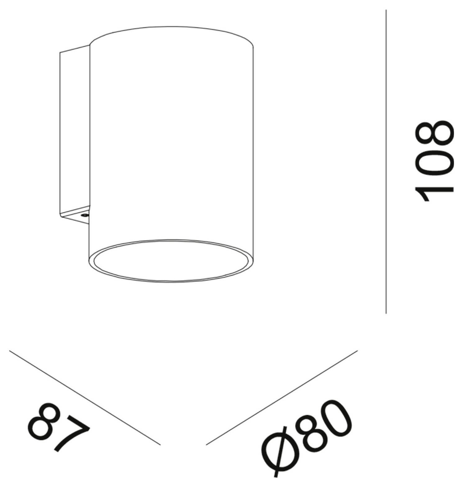 Dessin technique d'une applique murale cylindrique, présentant les vues de face et de côté avec des dimensions de 108 de hauteur et 80 de diamètre.