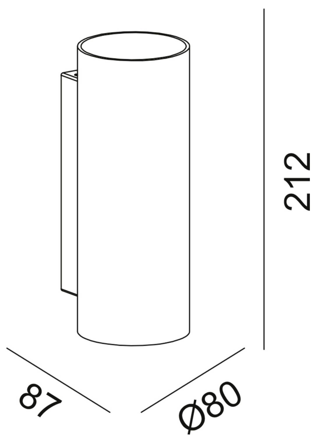 Applique murale cylindrique avec dimensions indiquées : 212 mm de hauteur, 87 mm de profondeur, 80 mm de diamètre.