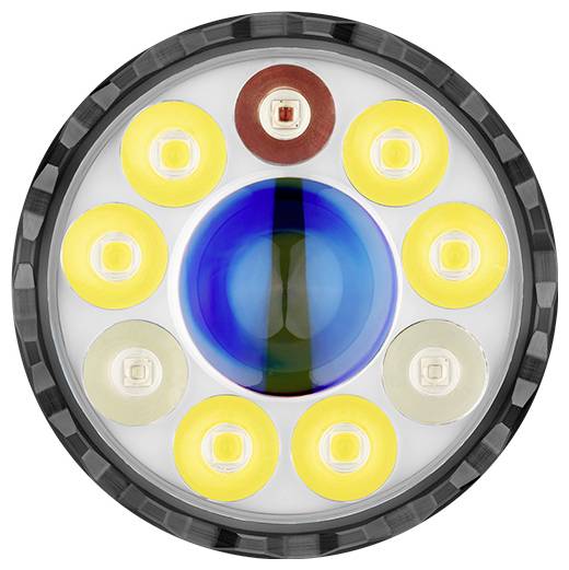 Tableau circulaire de LED comprenant neuf segments jaunes et un segment central bleu émettant de la lumière.