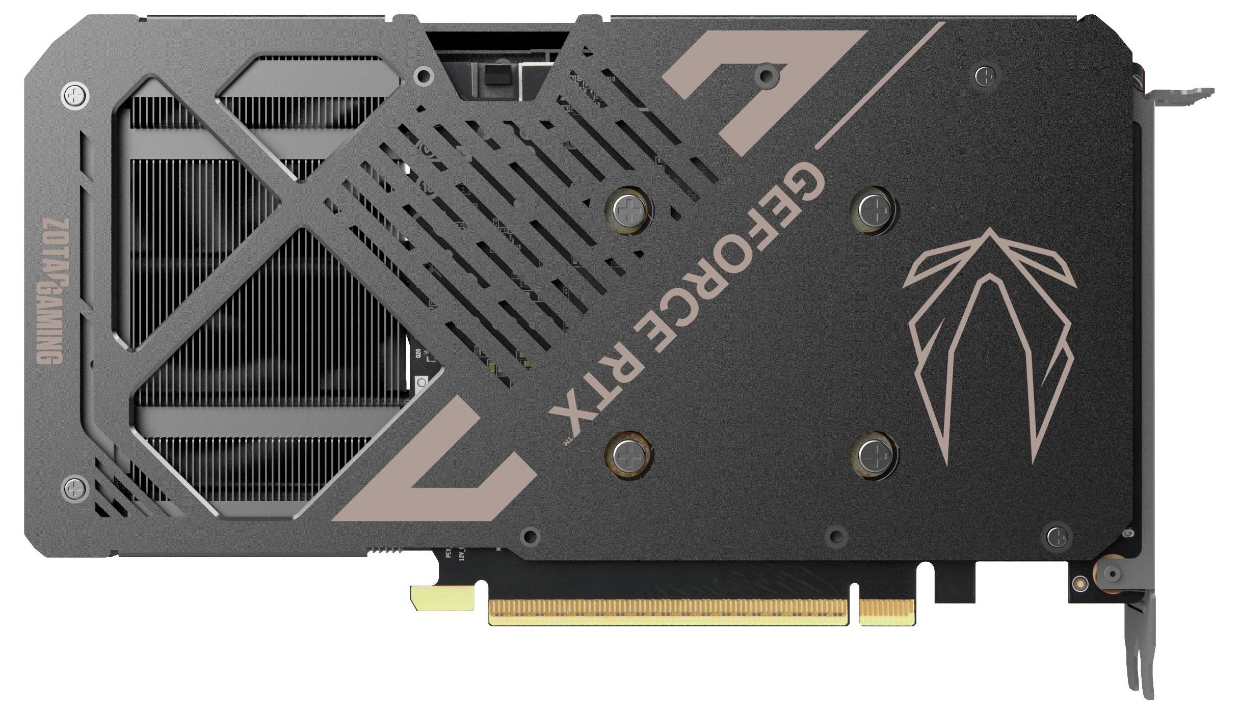 Carte graphique portant l'inscription 'ZOTAC GAMING' et 'GEFORCE RTX'. La carte dispose de fentes de ventilation et d'un logo graphique à l'arrière.